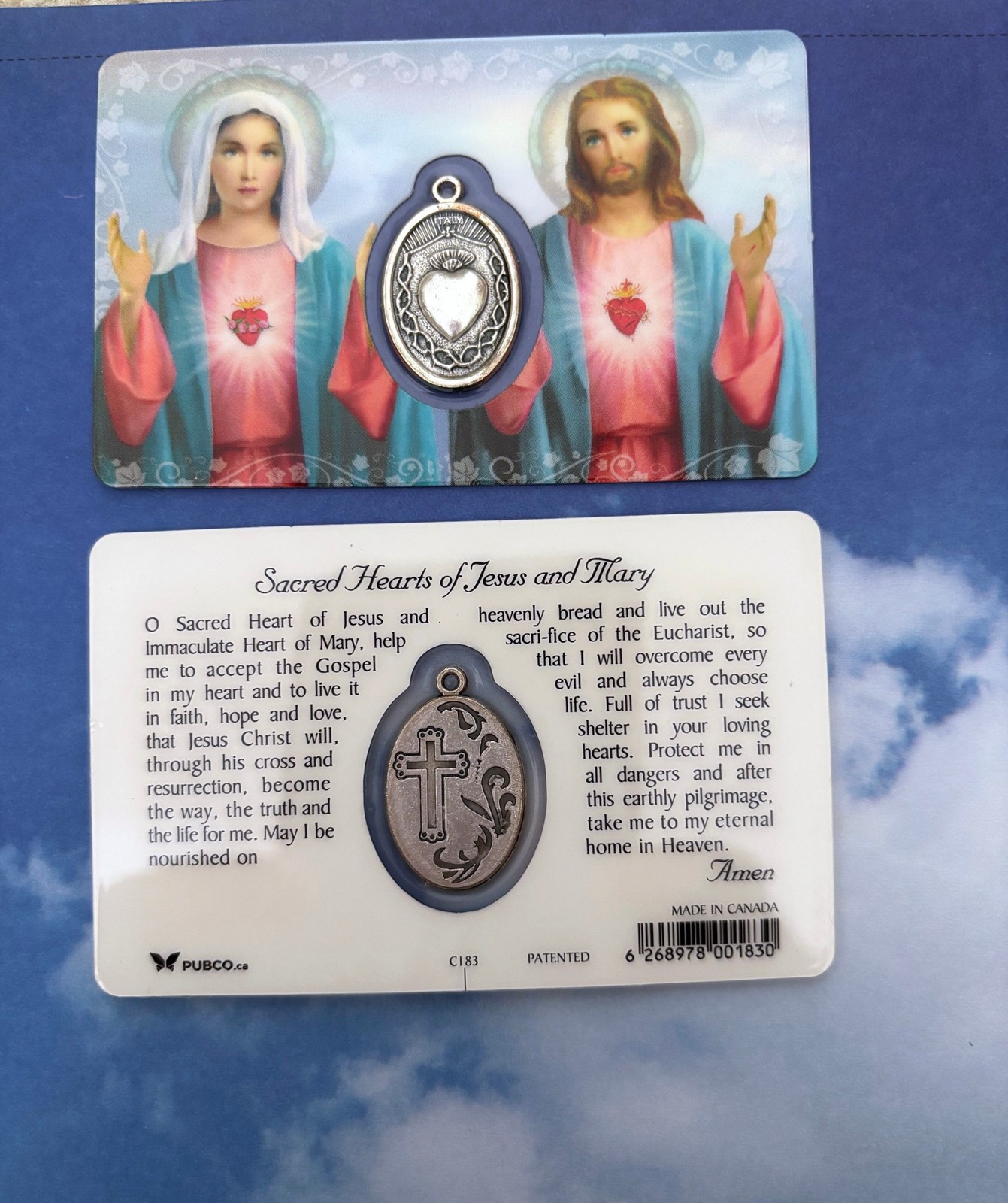 Plastic Sacred Hearts of Jesus and Mary Wallet Prayer Card w/ Medal