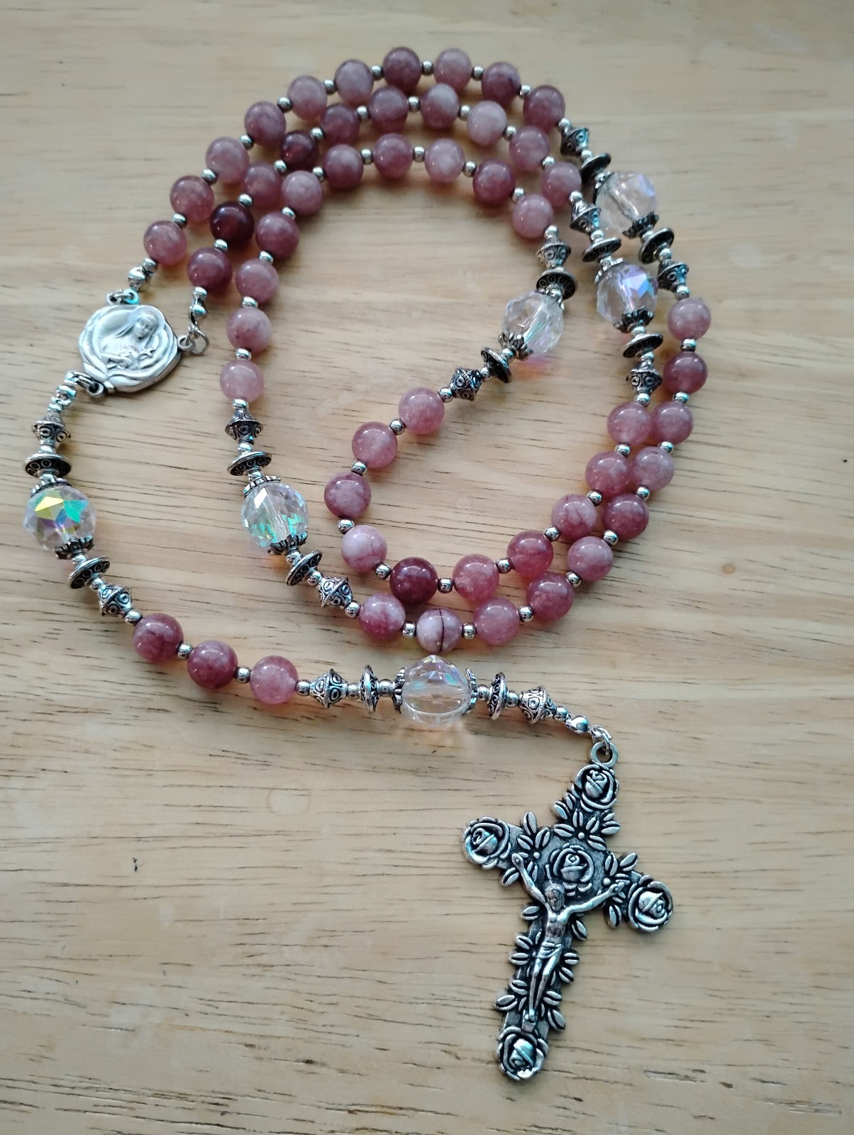 Pink Rose Gemstone Rosary Beads Quartz Crystal St Therese Relic, Card & Pouch!