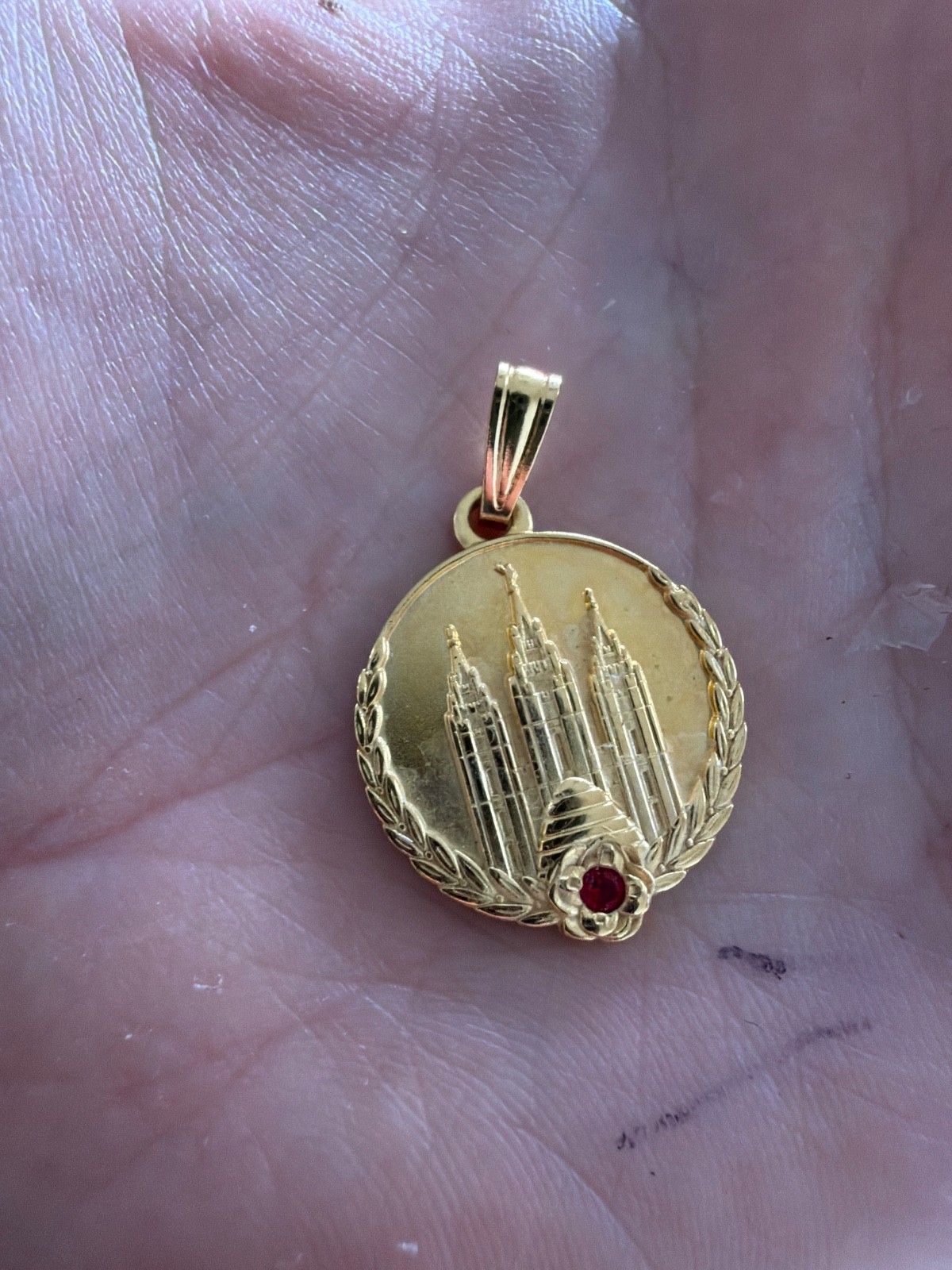 LDS Young Women Temple Medallion With Red Stone