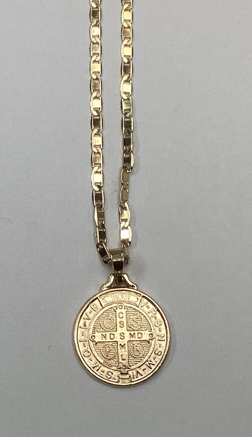 MEDALLA Y CADENA SAN BENITO BAÑO DE ORO 14K; 14k GOLD PLATED MEDAL ST BENEDICT