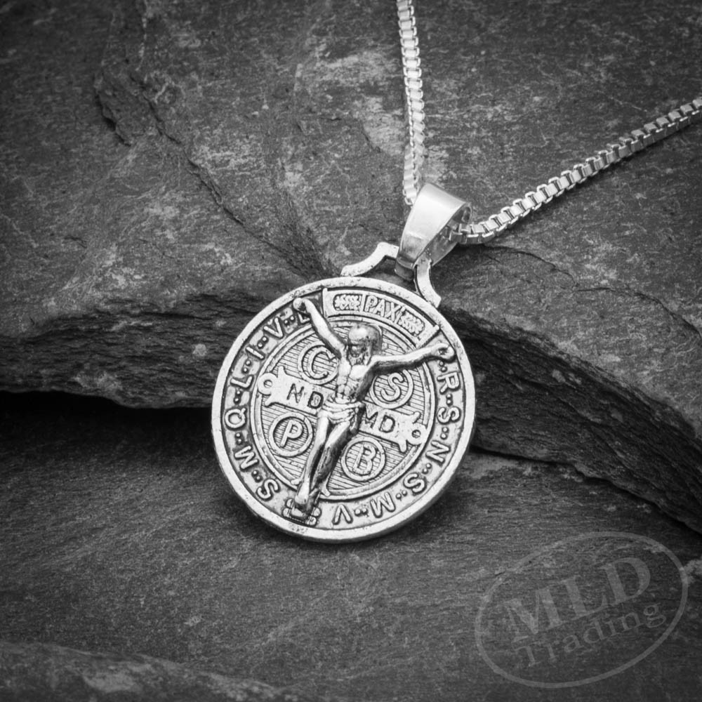 Jesus Crucifix Saint St Benedict Medal Cross Pendant Necklace 24″ Box Chain