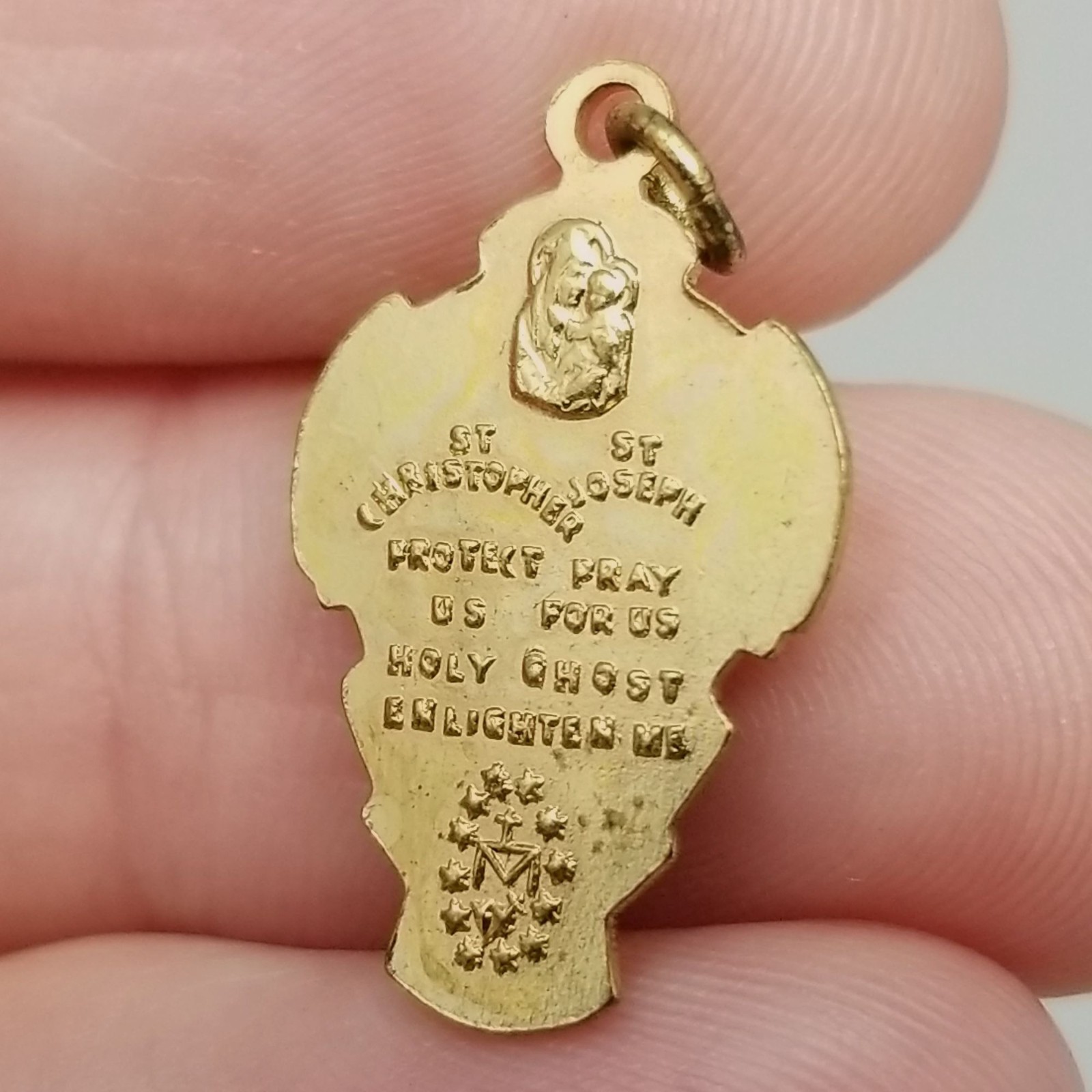 Vintage Small Four Way Saint Cross Pendant Medal Charm Gold Tone Pray for Us