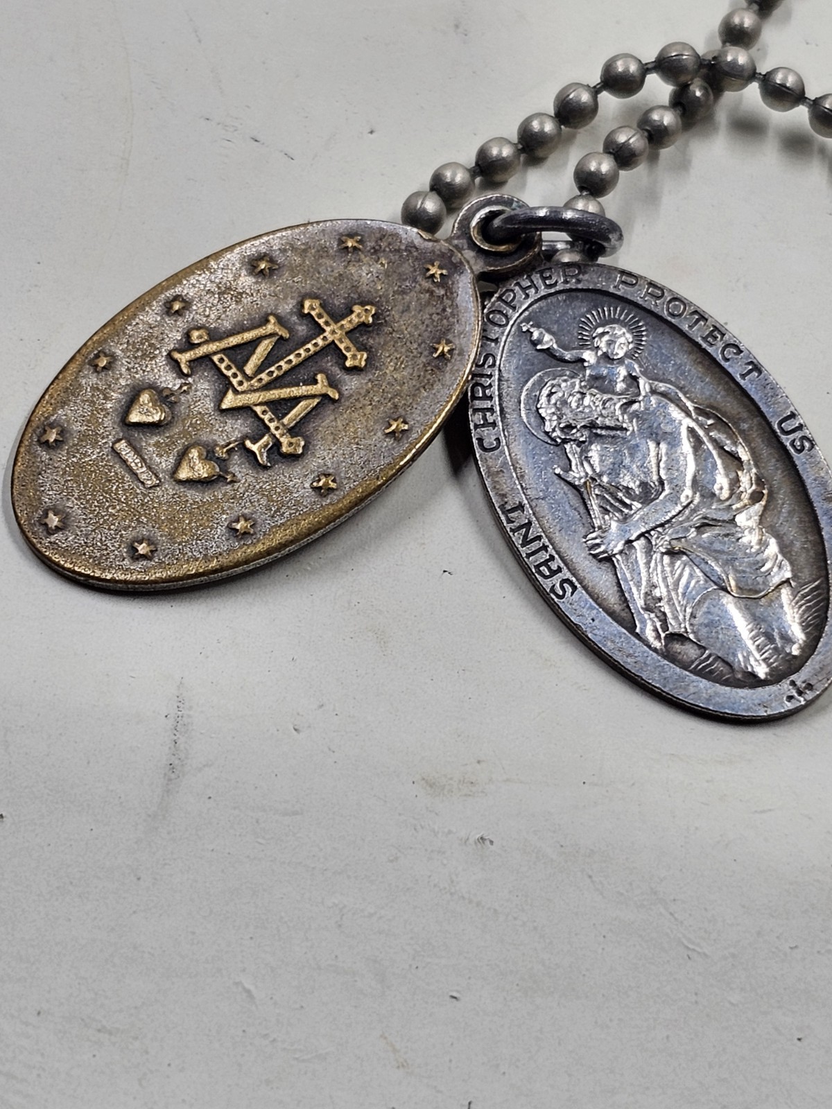 Vintage Catholic Miraculous Medal Crucifix Two Charm Ball Chain Necklace 24in
