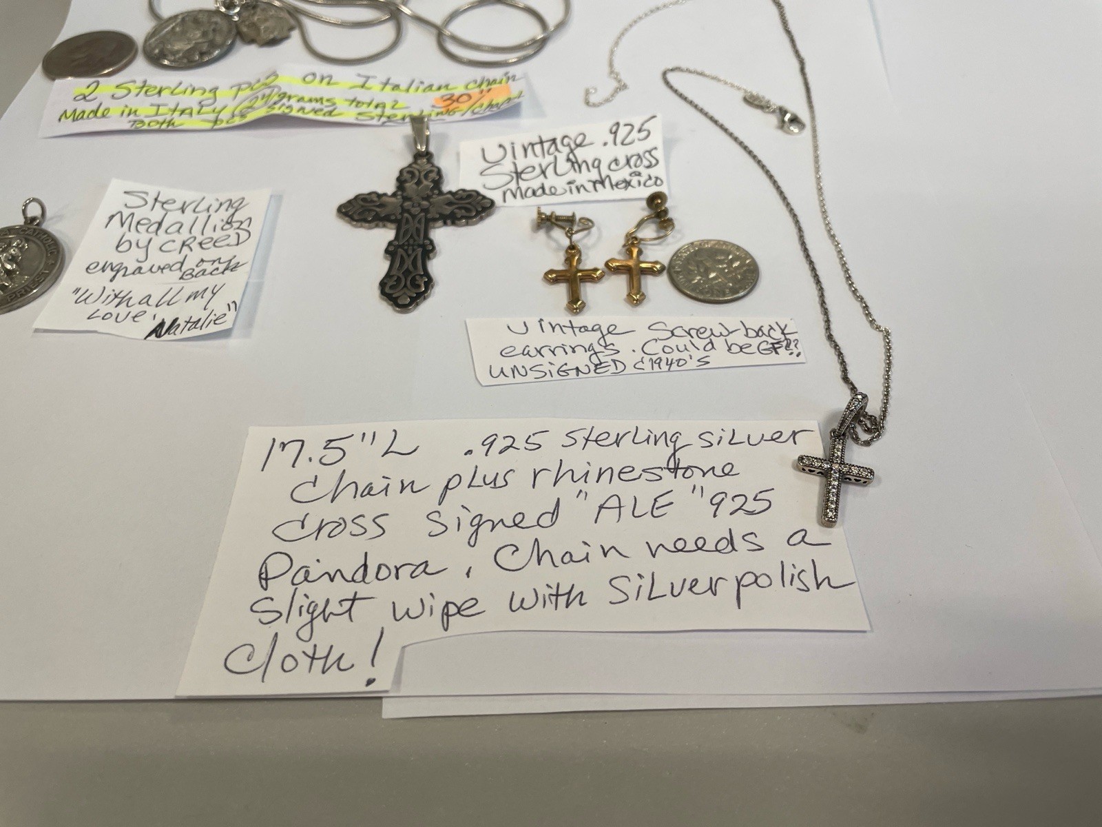 STERLING SILVER RELIGIOUS ITEMS VINTAGE CHAPEL, CREED, ALE(PANDORA?),DIFF.SAINTS