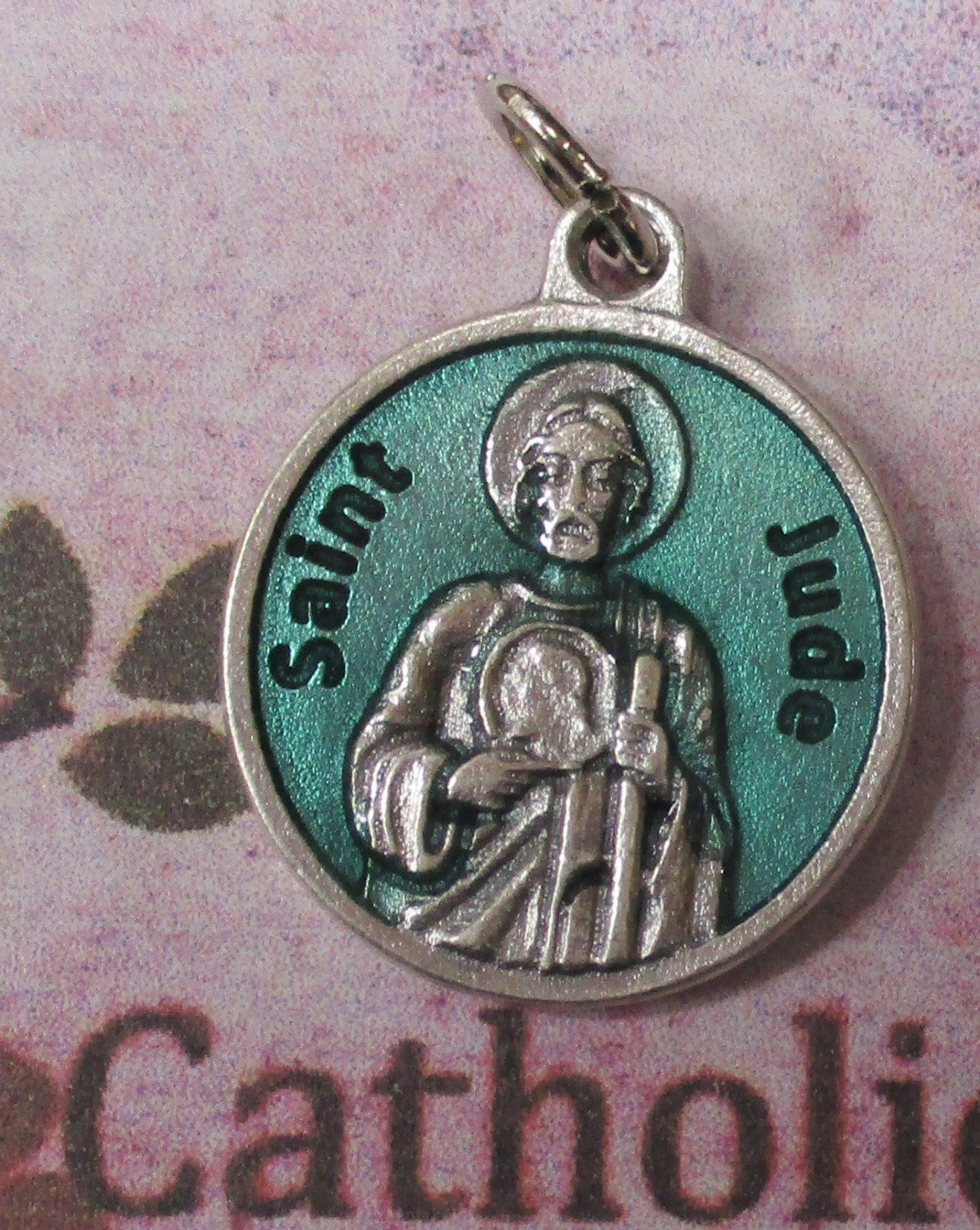 Saint St Jude + Prayer – Green Enamel – Silver Tone Round- Medal