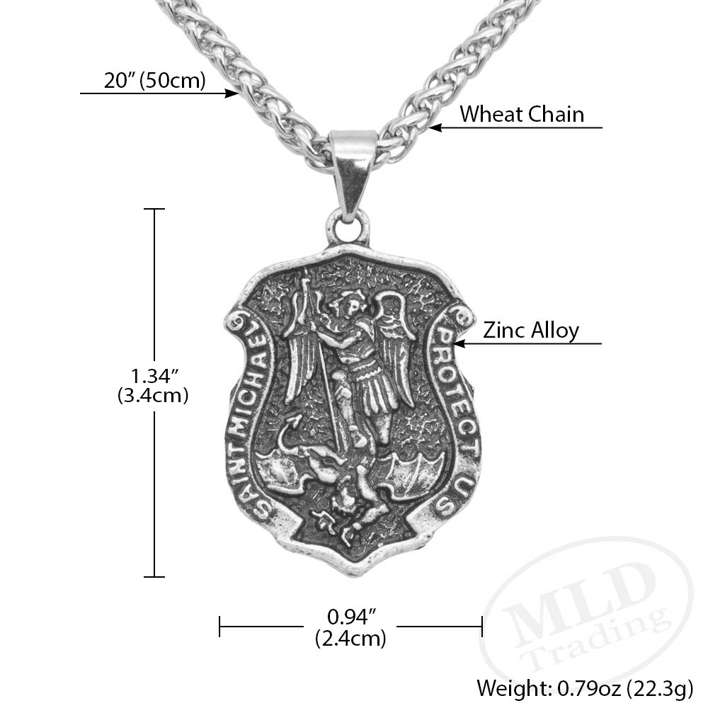 Archangel Saint St Michael Protect Us Medal Shield Pendant Necklace w 20″ Chain