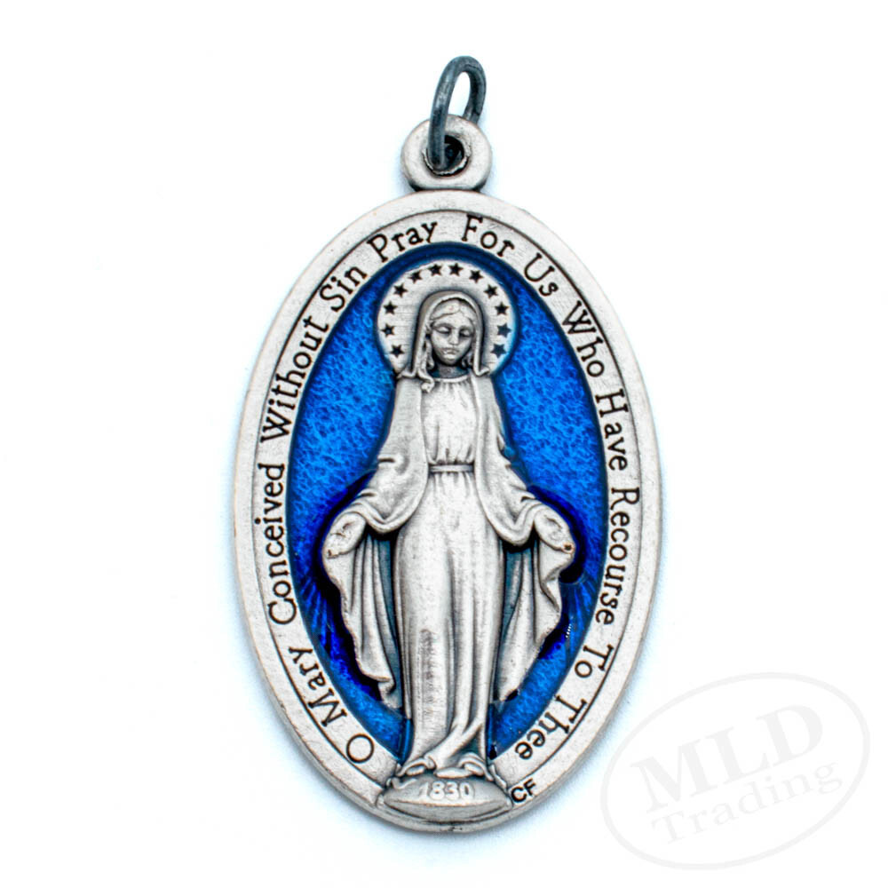 Miraculous Medal Pendant Large 1.75″ Silver Oxidized w Blue Enamel Made In Italy