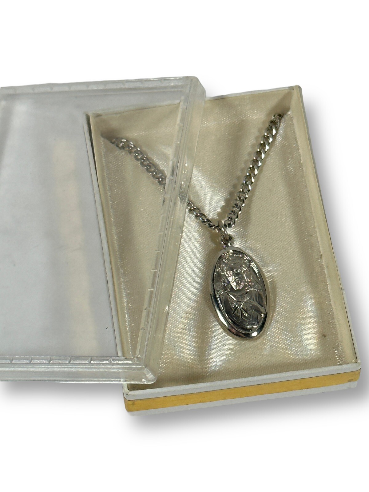 Men’s Sacred Heart of Jesus Medal Sterling Filled Necklace Signed Chapel 24”