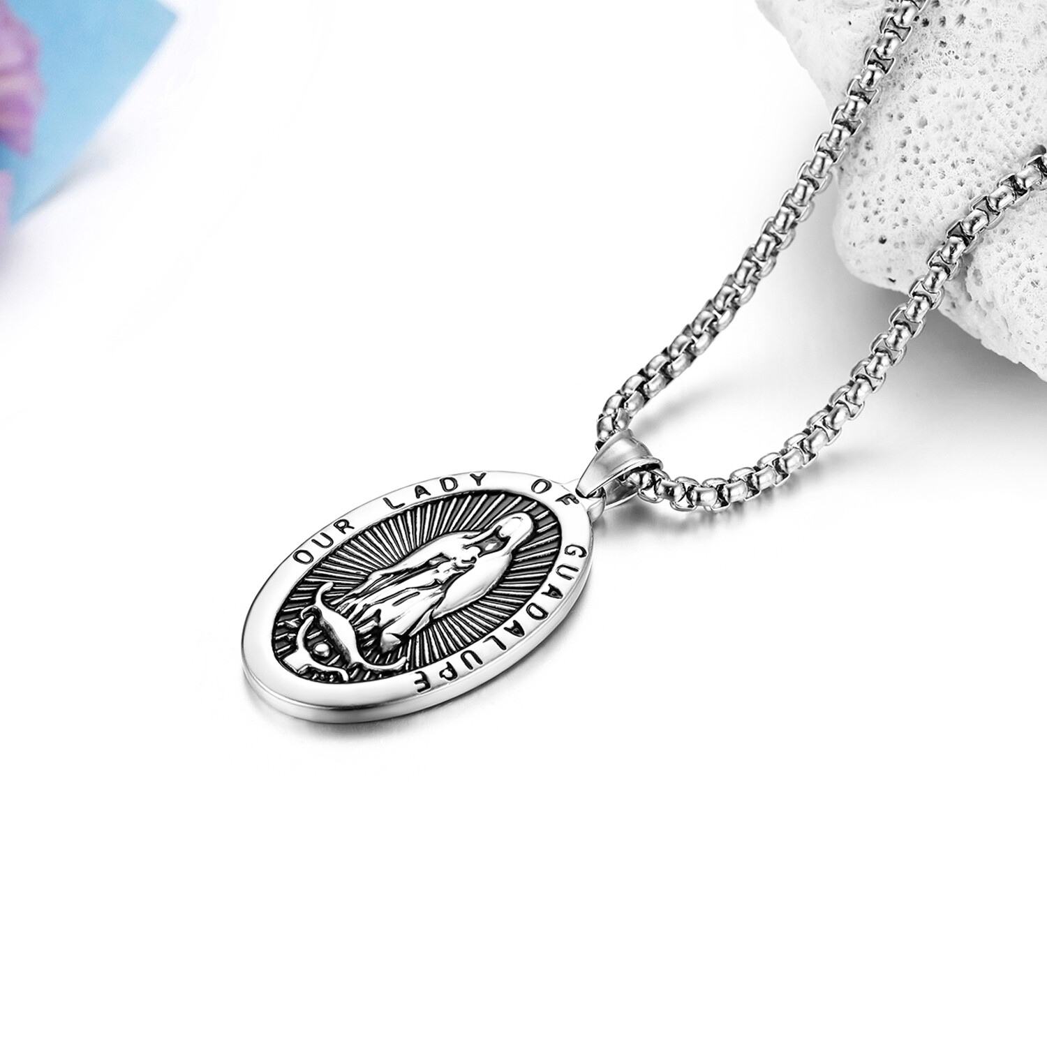Mens Womens Our Lady of Guadalupe Virgin Mary Oval Medal Pendant Necklace