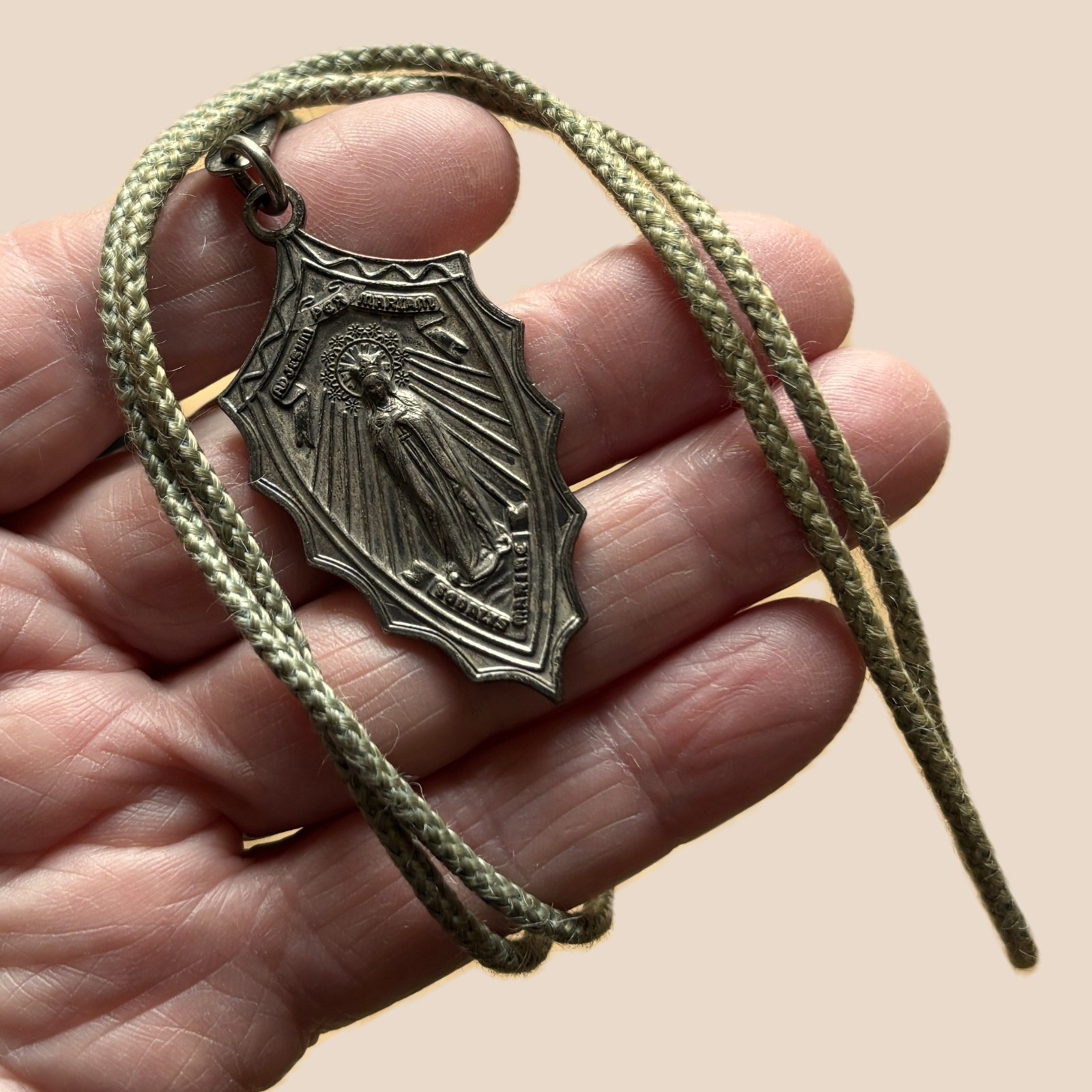 Vintage Catholic Medal Pendant Shield on Cord – Sodality of Our Lady – 1950’s