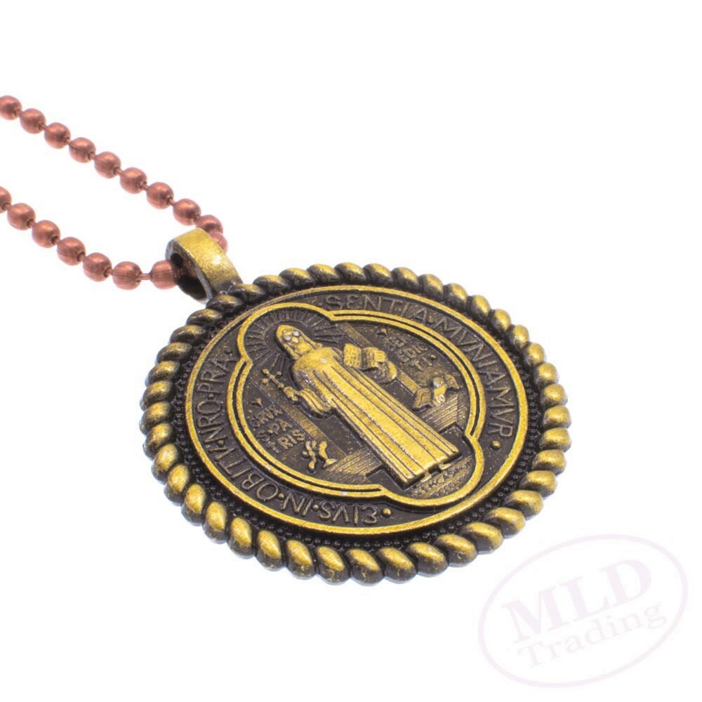 Knot Border Saint St Benedict Medal Pendant Necklace 24″ Ball Chain Gold Tone