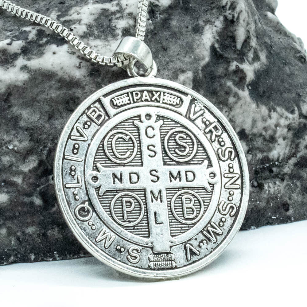 Saint St Benedict Of Nursia Cross Medal 1 1/4″ Pendant Necklace 24″ Box Chain
