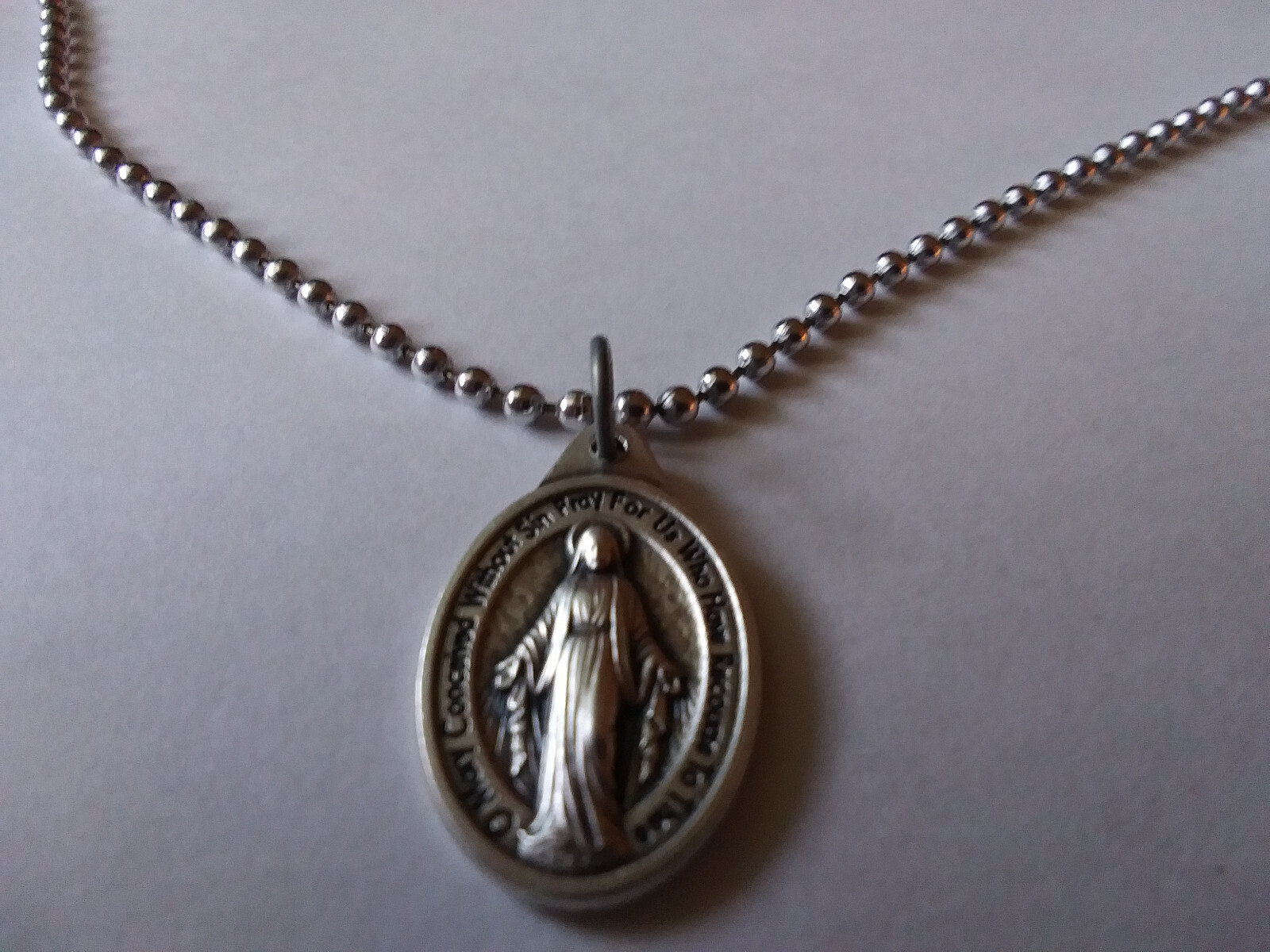 Italian Silver Miraculous Medal Stainless steel Ball Chain Necklace