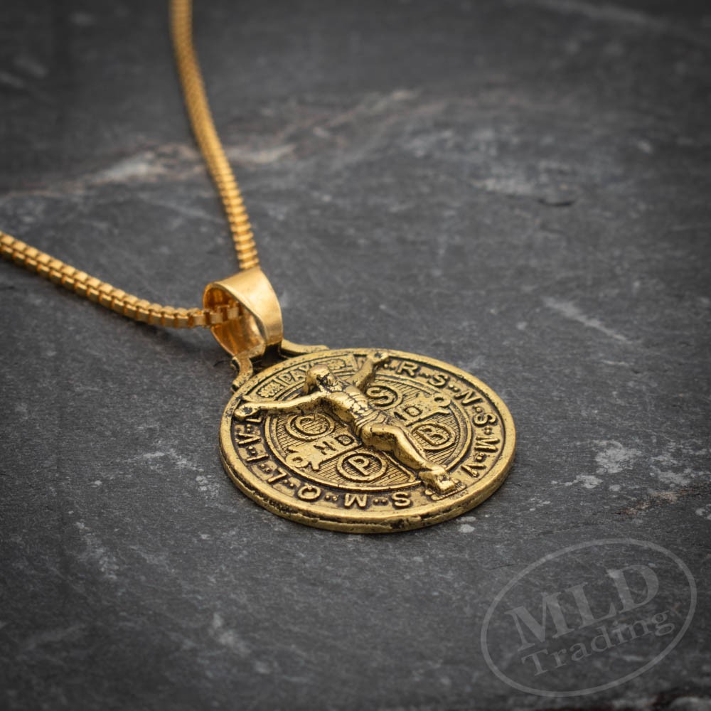 Gold Jesus Crucifix Saint St Benedict Medal Cross Pendant Necklace 24″ Box Chain