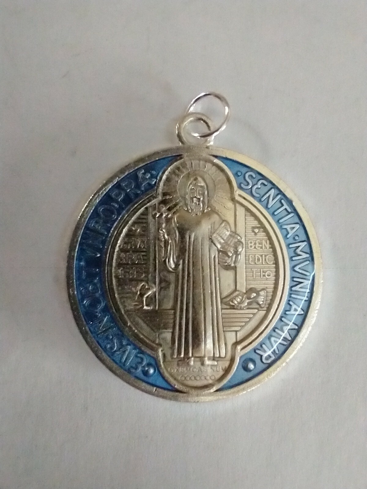Catholic One St Benedict Medal Two-Sided Silver Blue Red Accents
