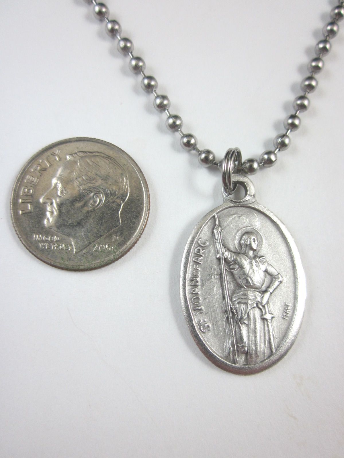 St Joan of Arc Medal Italy Pendant Necklace 24″ Ball Chain Gift Box Prayer Card