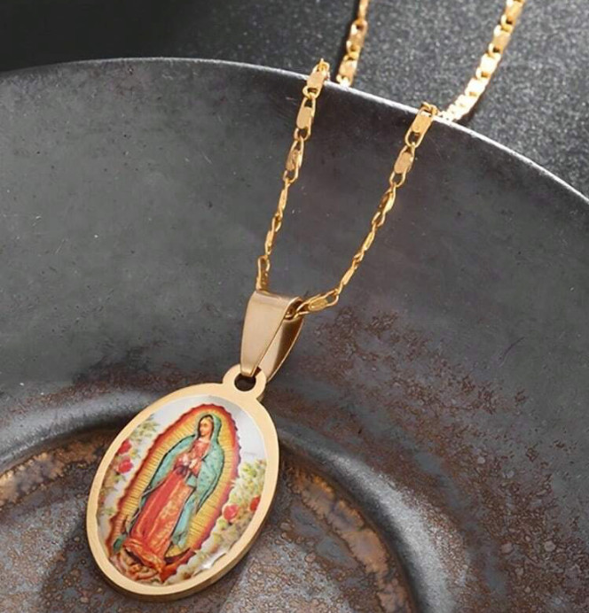 Lady of Guadeloupe Virgin Gold Multi Pendant Oval Scapular Necklace Titanium SS