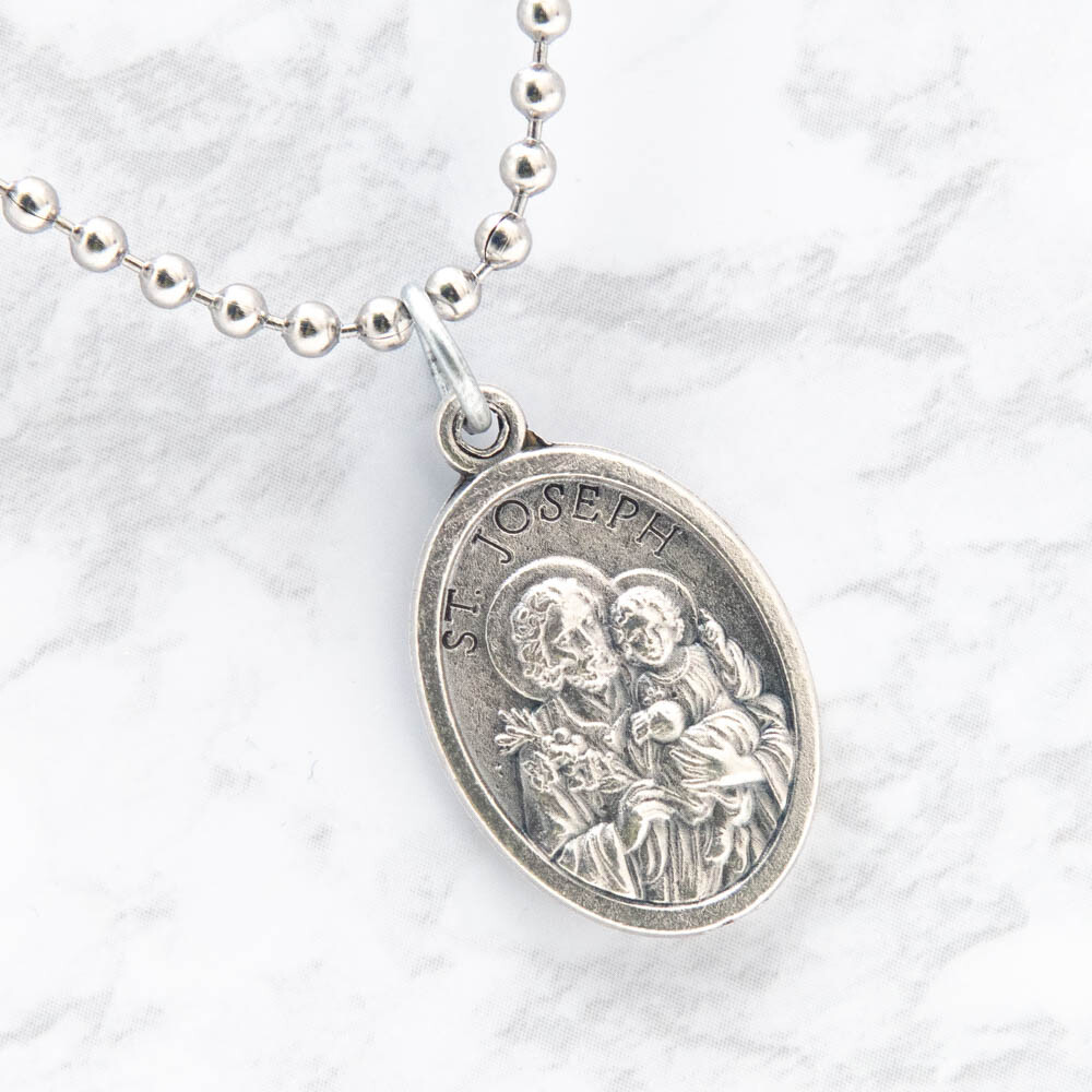 Patron Saint St Joseph Pray For Us 1″ Medal Pendant Necklace 24″ Chain Italy