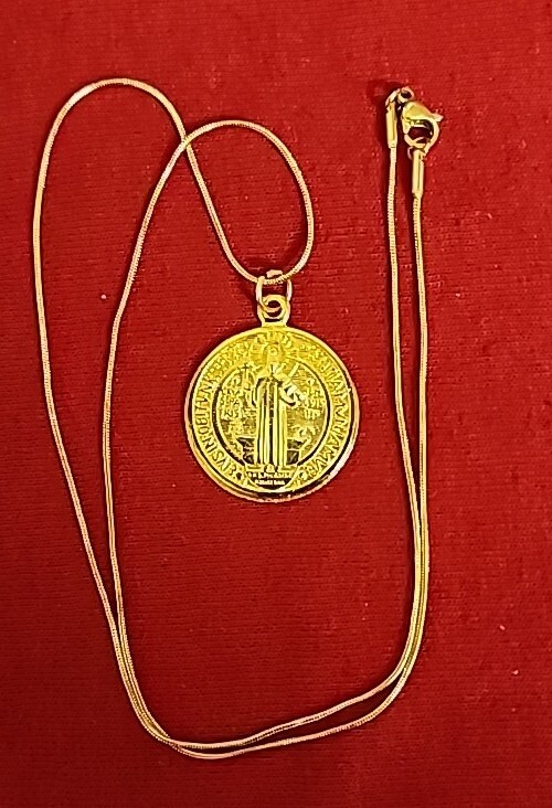 Golden Religious Saint Benedict Medal Pendant Necklace 19″
