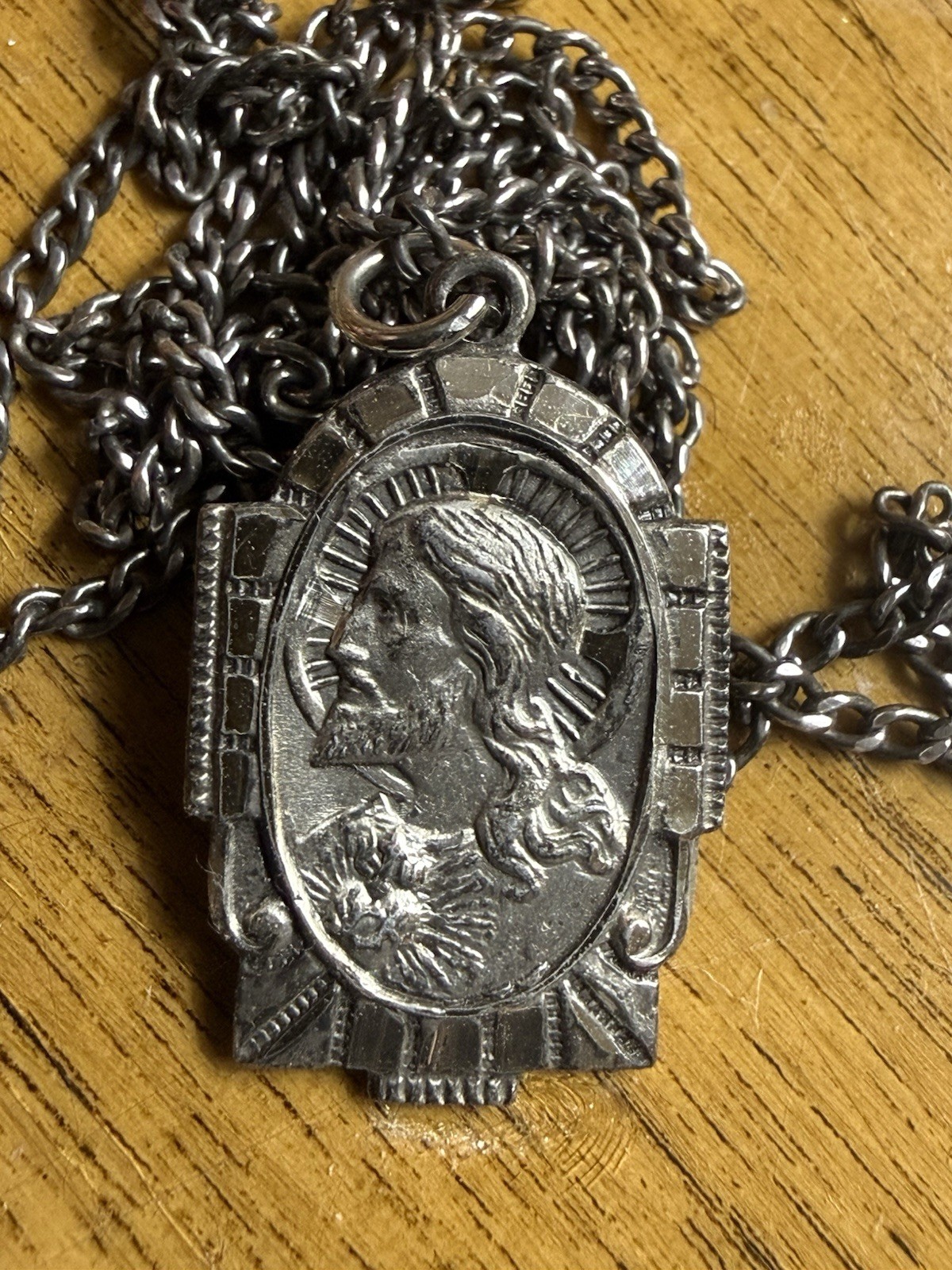 Vintage AFCO Sterling Silver 28” Necklace Sacred Heart of Jesus medal pendant