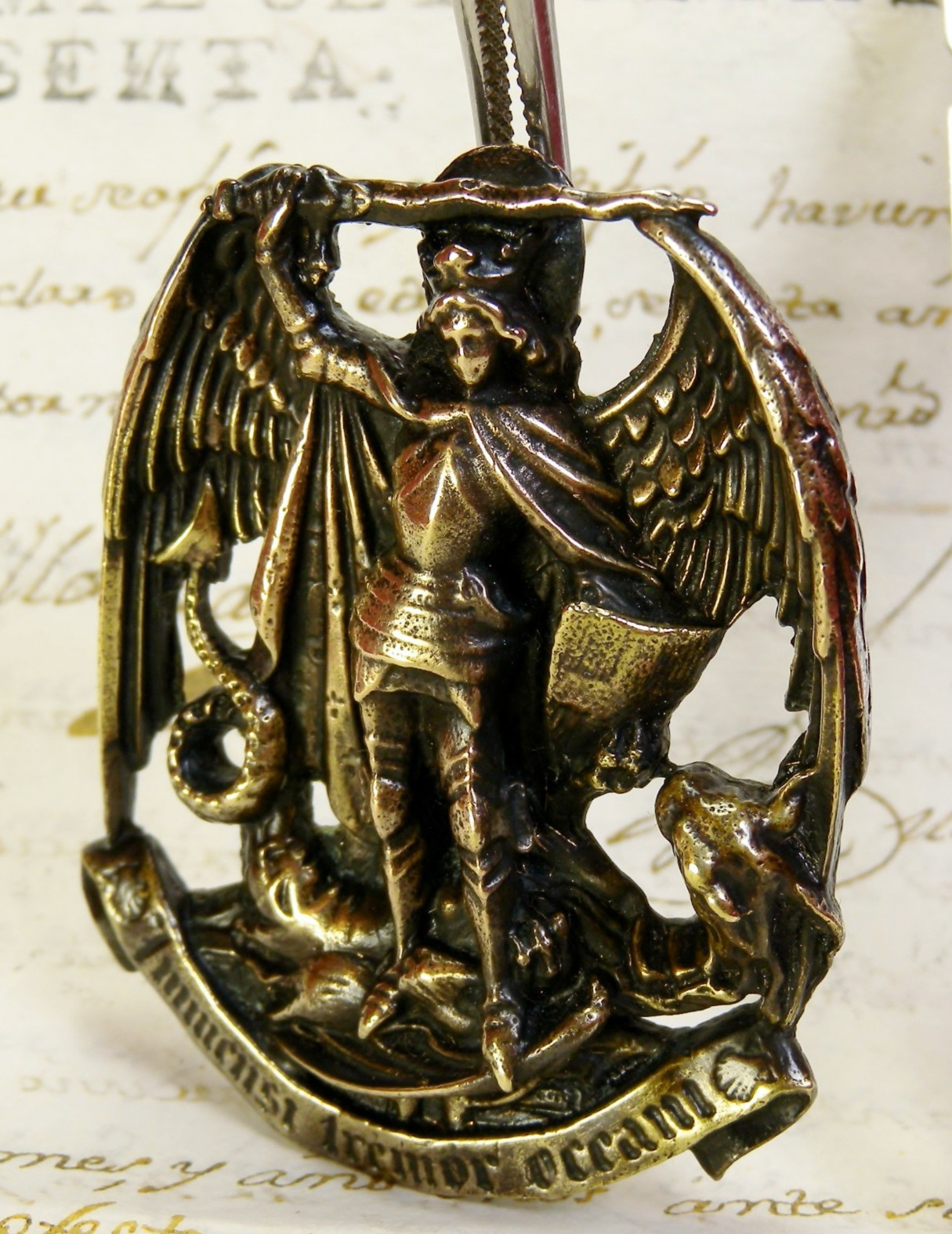 Cardinals Antique Catholic St. Michael Archangel Abbey Pilgrimage Bronze Pendant