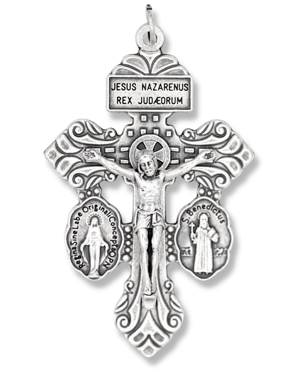 Pack of 10 Crucifix with St. Benedict & Marian Medals – Triple Threat Cross, 2 1
