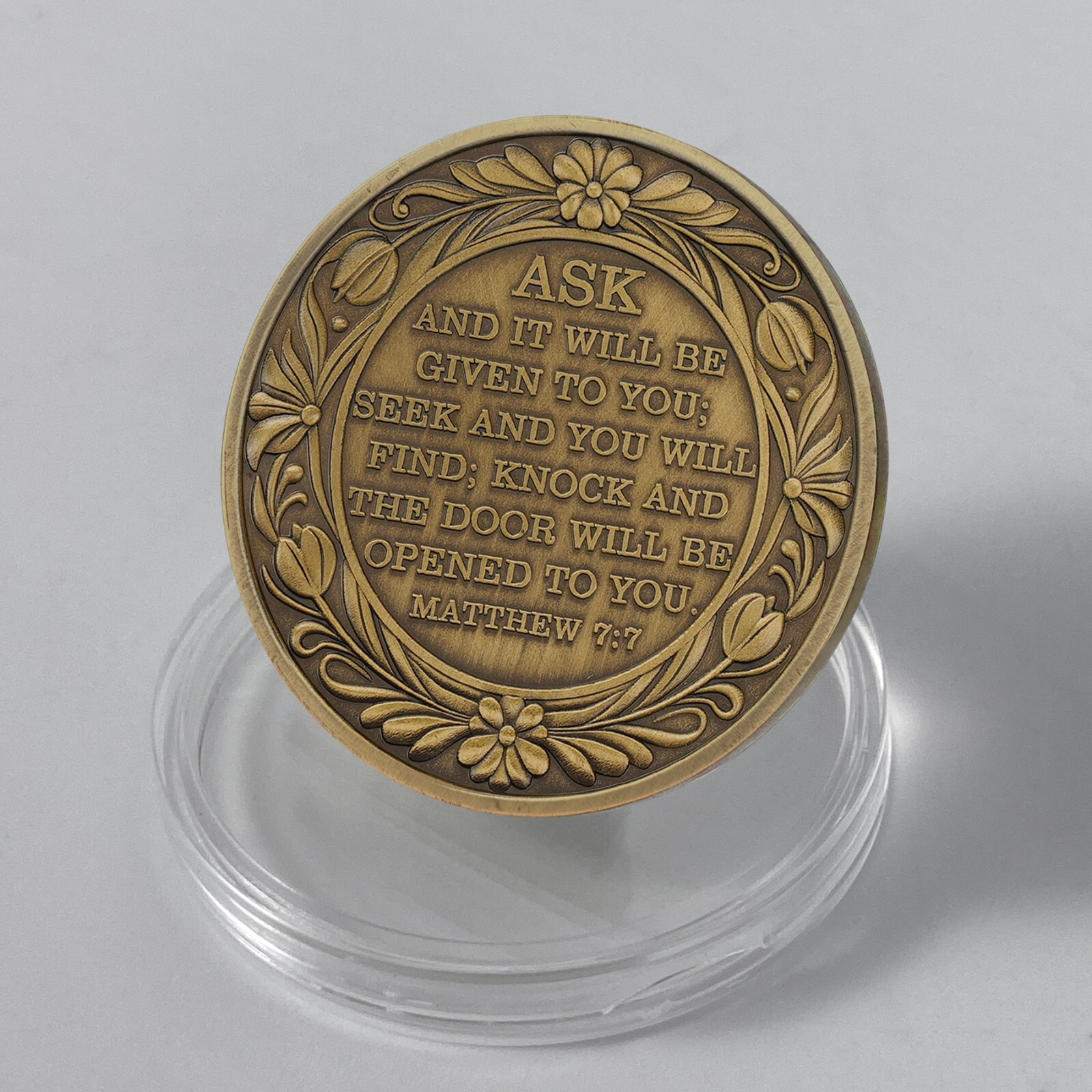 5Pc Christian Challenge Coin Find God’s Grace Matthew 7:7 Bible Verse Faith Coin