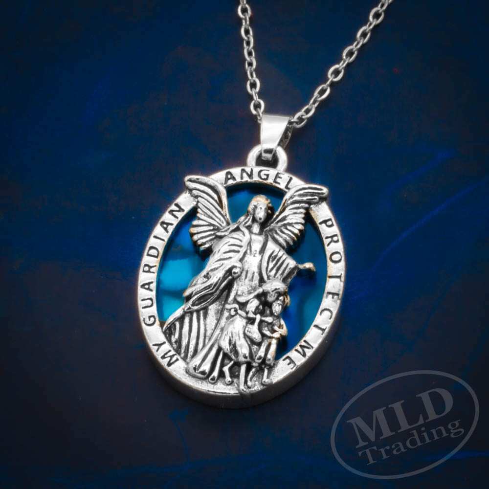 Guardian Angel Pendant Necklace, Religious Protector Medal, Alloy, 20″ Chain