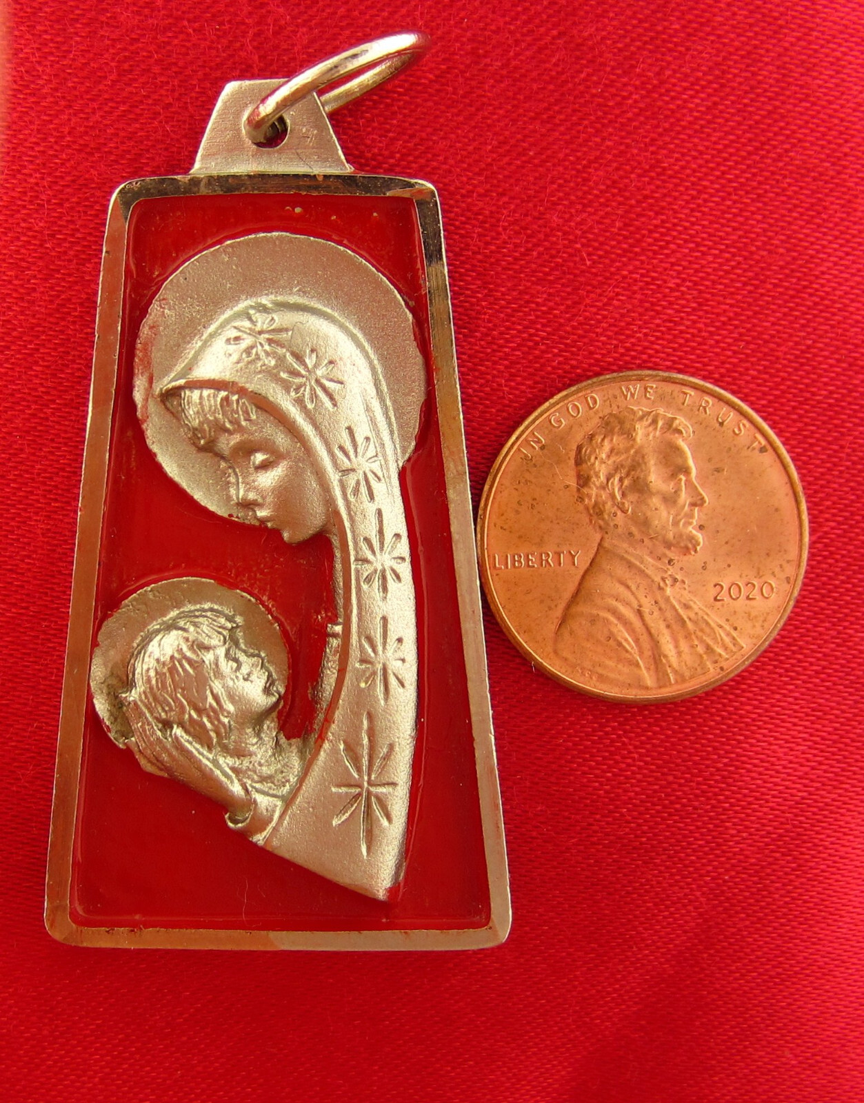 Vintage MARY JESUS Medal RED ENAMEL Religious Catholic Silvertone Pendant LARGE