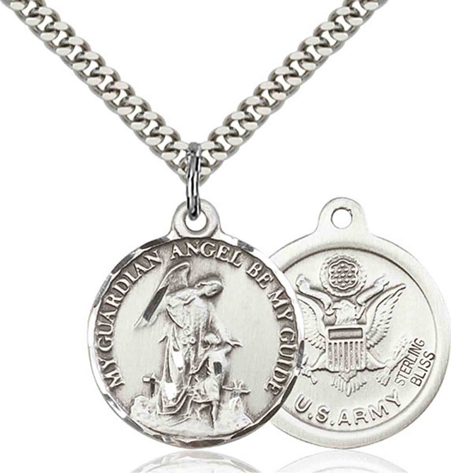 Sterling Silver Guardian Angel US Army Catholic Medal Pendant Necklace 24″ Chain