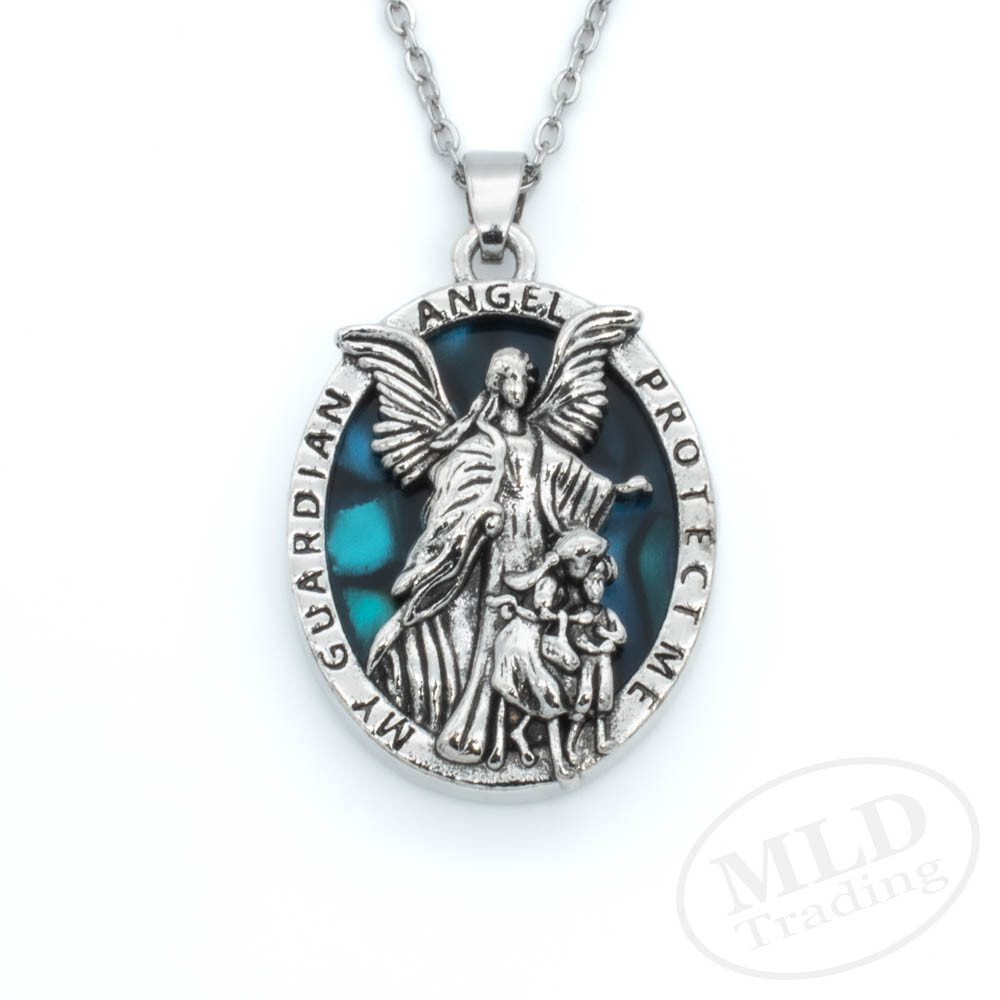 Guardian Angel Pendant Necklace, Religious Protector Medal, Alloy, 20″ Chain