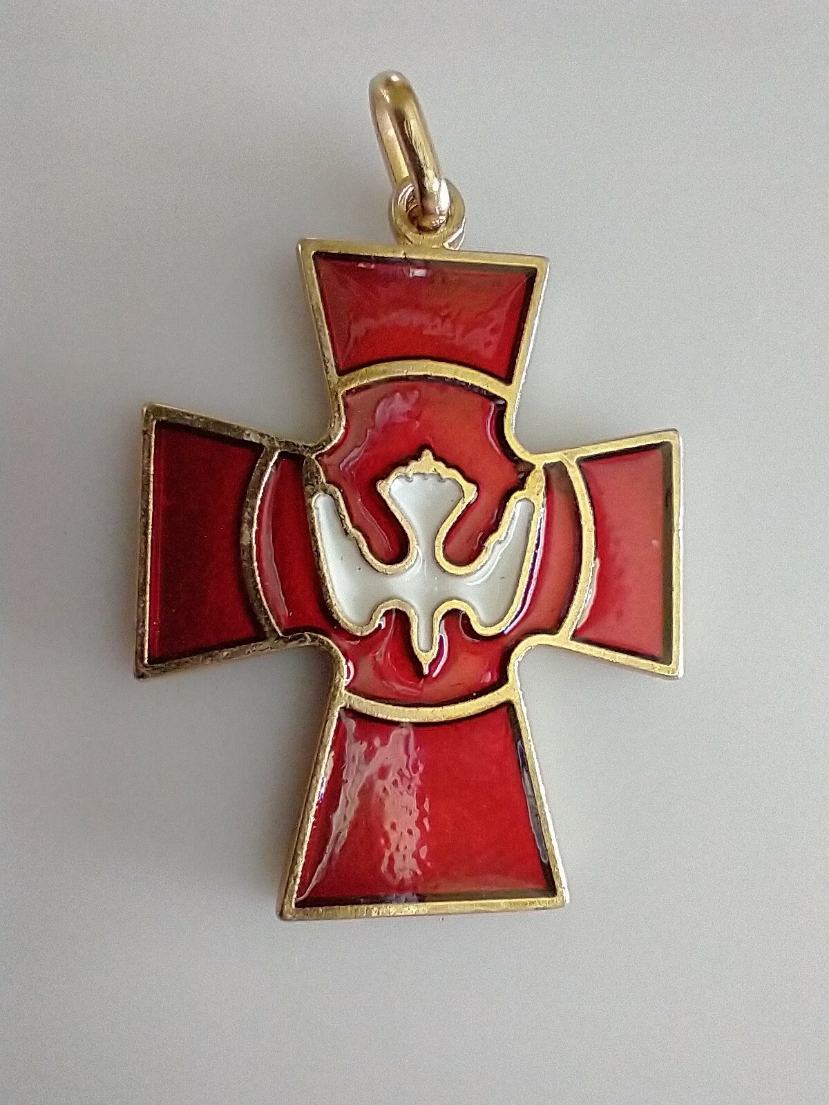 Red White Enamel Gold Plated Holy Spirit Dove Confirmation XL Medal Cross