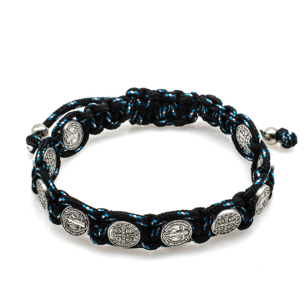 Black And Blue Saint St Benedict Bracelet 8″ Adjustable Cord 10 Silver Medals