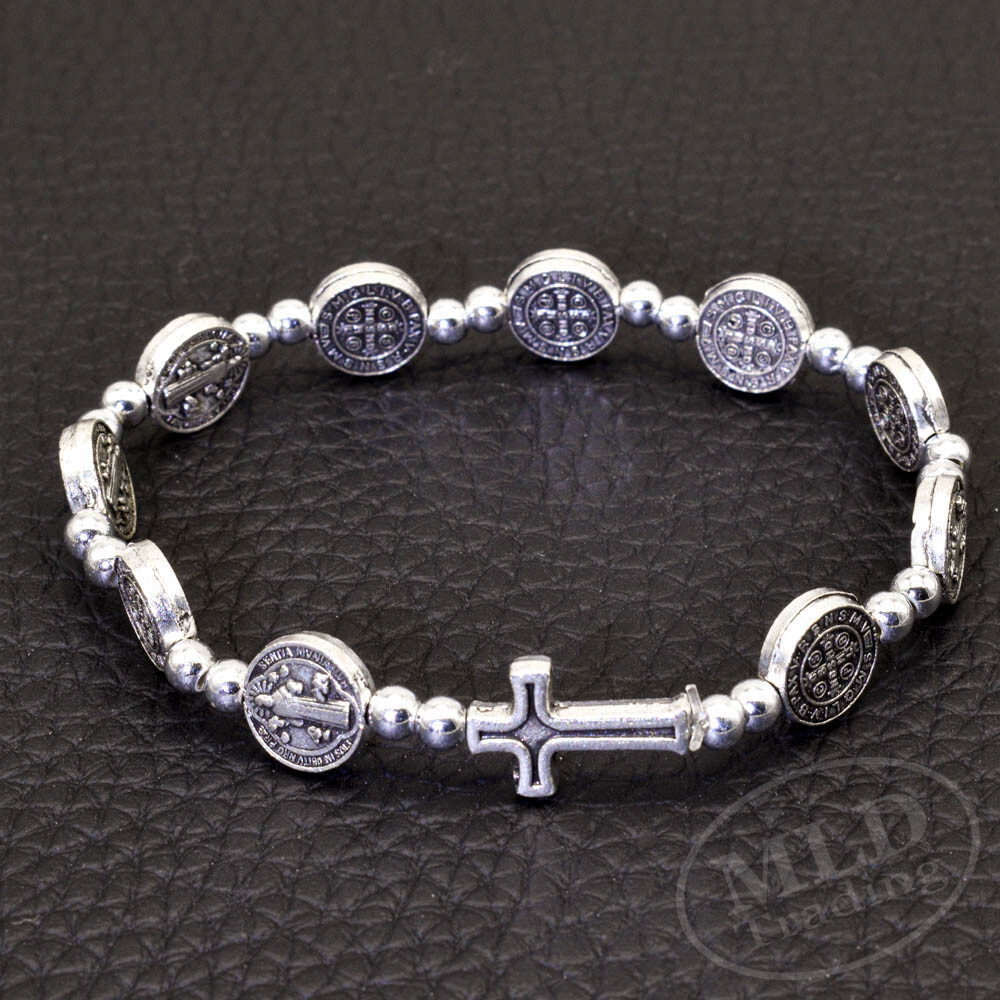 Silver Saint St Benedict Medal Cross Rosary Bracelet Pulsera De San Benito