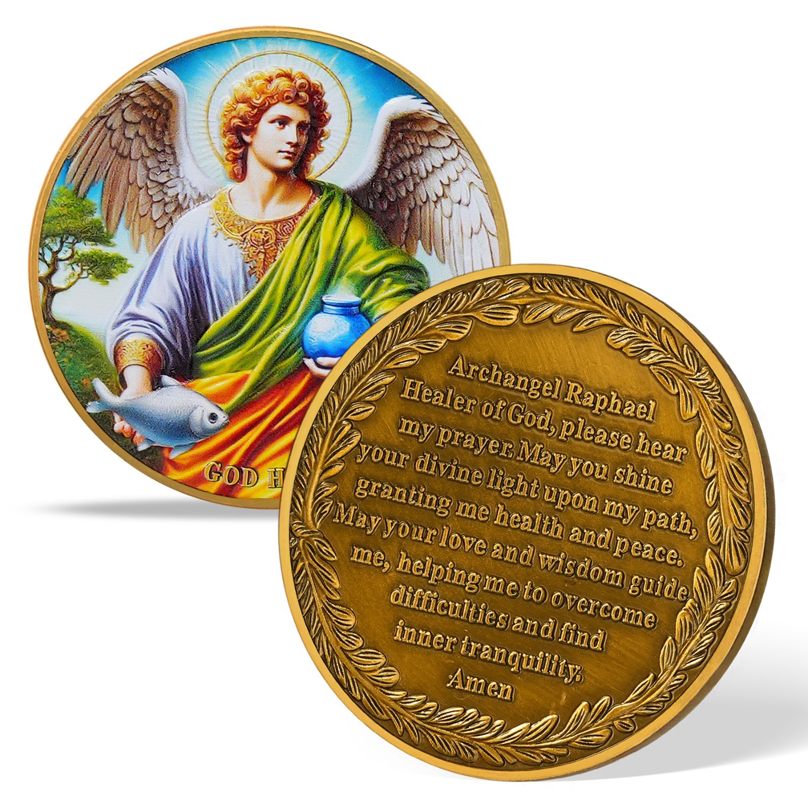 5pcs Archangel Raphael Challenge Coin – God Heals Raphael – Christian Verse Coin