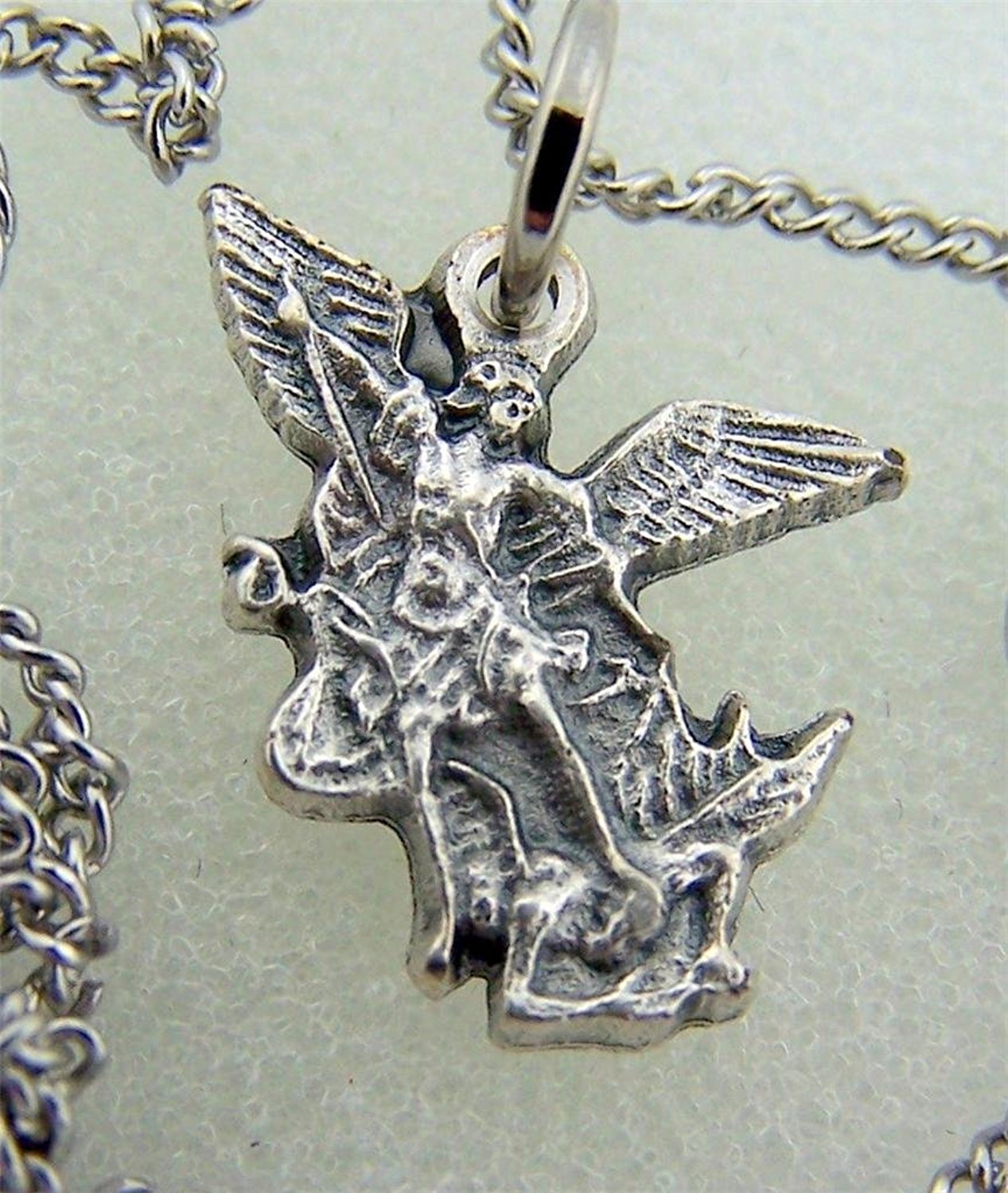 Silver Tone Archangel Saint Michael Protection Charm Pendant on Chain, 3/4 Inch