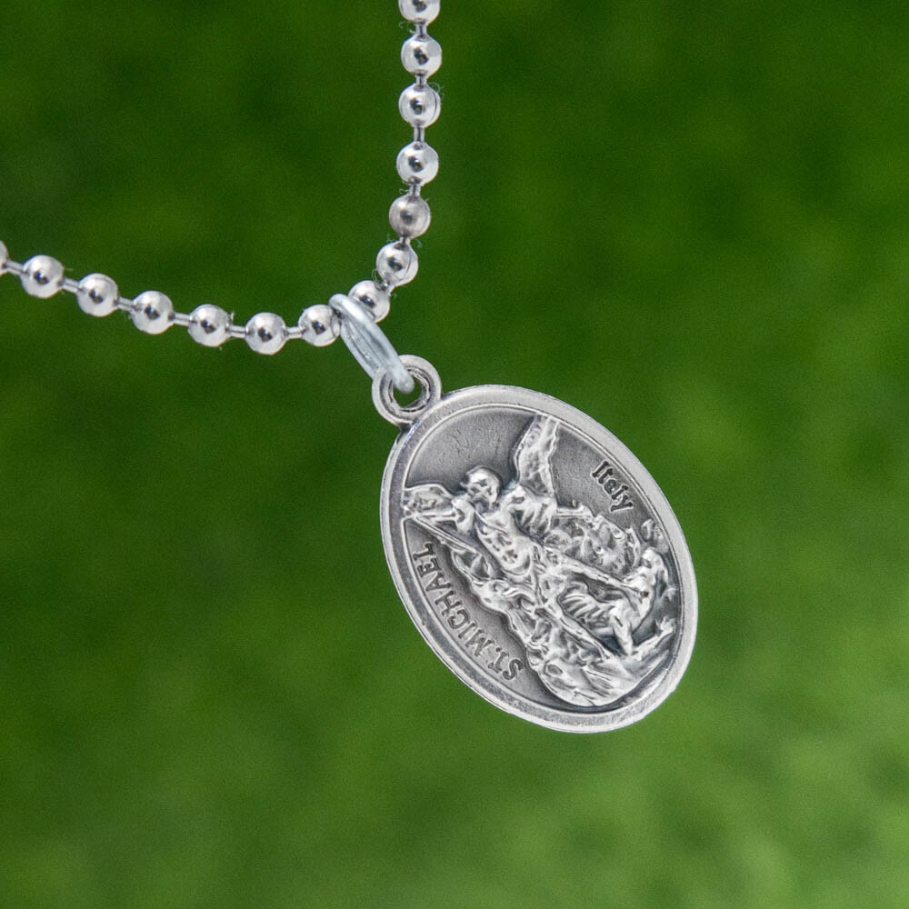 Patron Saint St Michael Pray For Us 1″ Medal Pendant Necklace 24″ Chain Italy