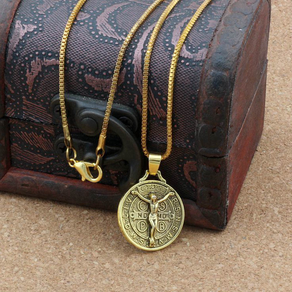 Gold Jesus Crucifix Saint St Benedict Medal Cross Pendant Necklace 24″ Box Chain