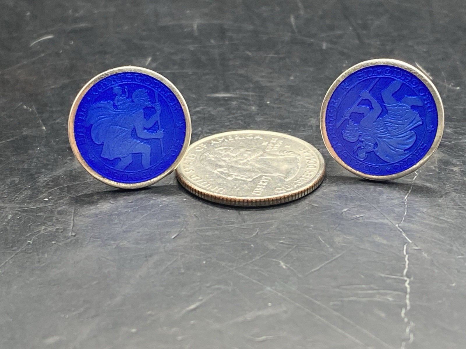 VINTAGE STERLING SILVER BLUE GUILLOCHE ENAMEL SAINT CHRISTOPHER MEDAL Cufflinks