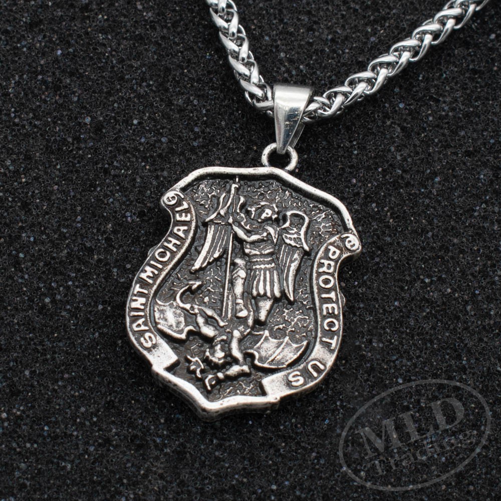 Archangel Saint St Michael Protect Us Medal Shield Pendant Necklace w 20″ Chain