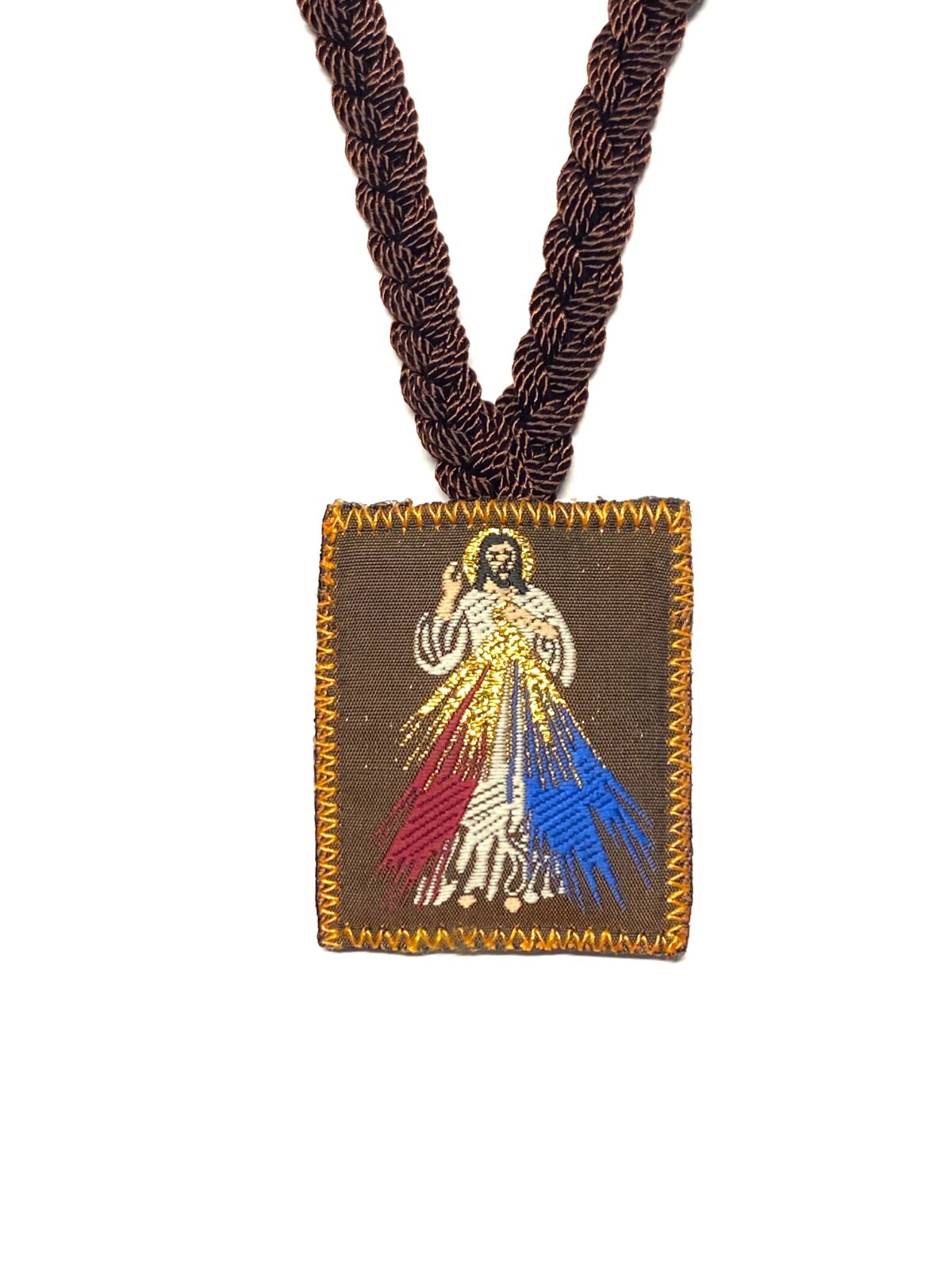 Our Lady Guadalupe Divine Mercy Brown Corded Scapular Necklace Escapulario