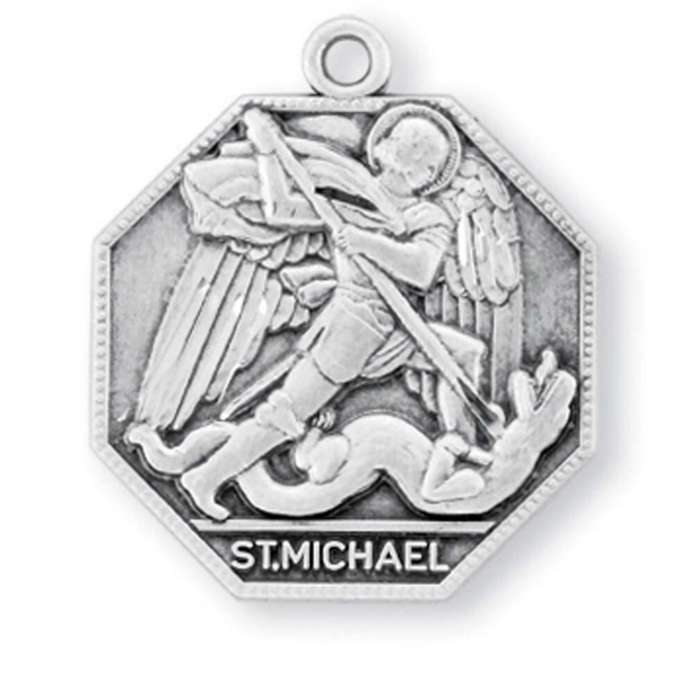 Large Sterling Silver Mens Saint St Michael Pendant Medal Necklace w/ 24′ Chain