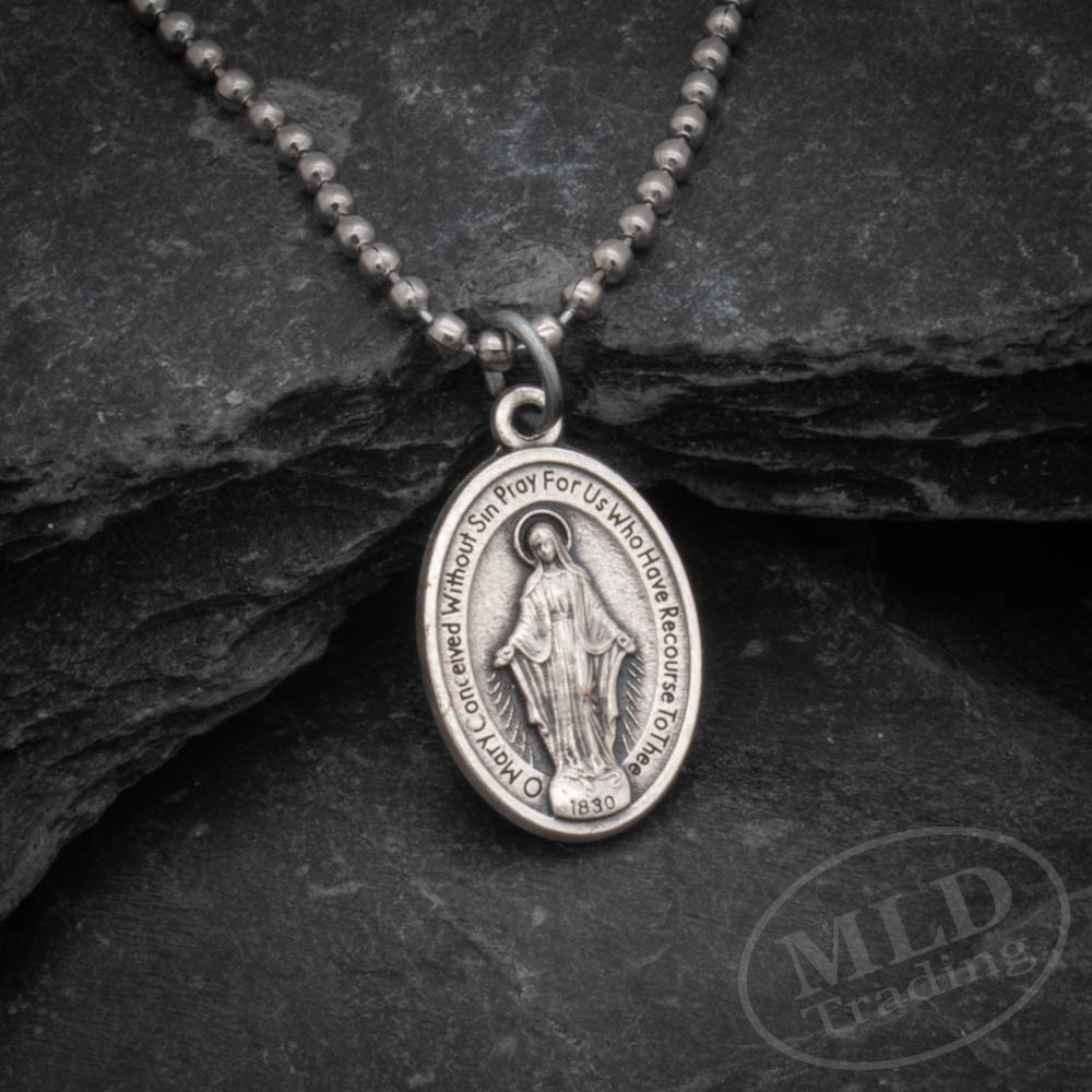 Miraculous Medal Virgin Mary Pendant Necklace 24″ Chain Italy Silver Tone Alloy