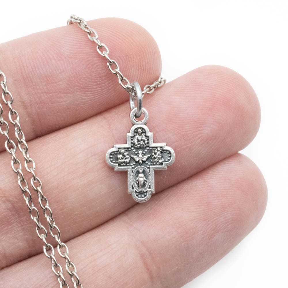 Four Way Medal Pendant Necklace – Silver Plated, 3/4″ Made in Italy, 18″ Chain