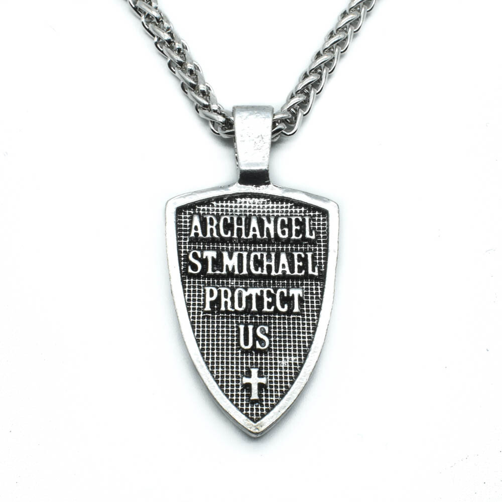 Archangel Saint St Michael Medal Cross Shield Pendant Necklace w 24″ Spiga Chain