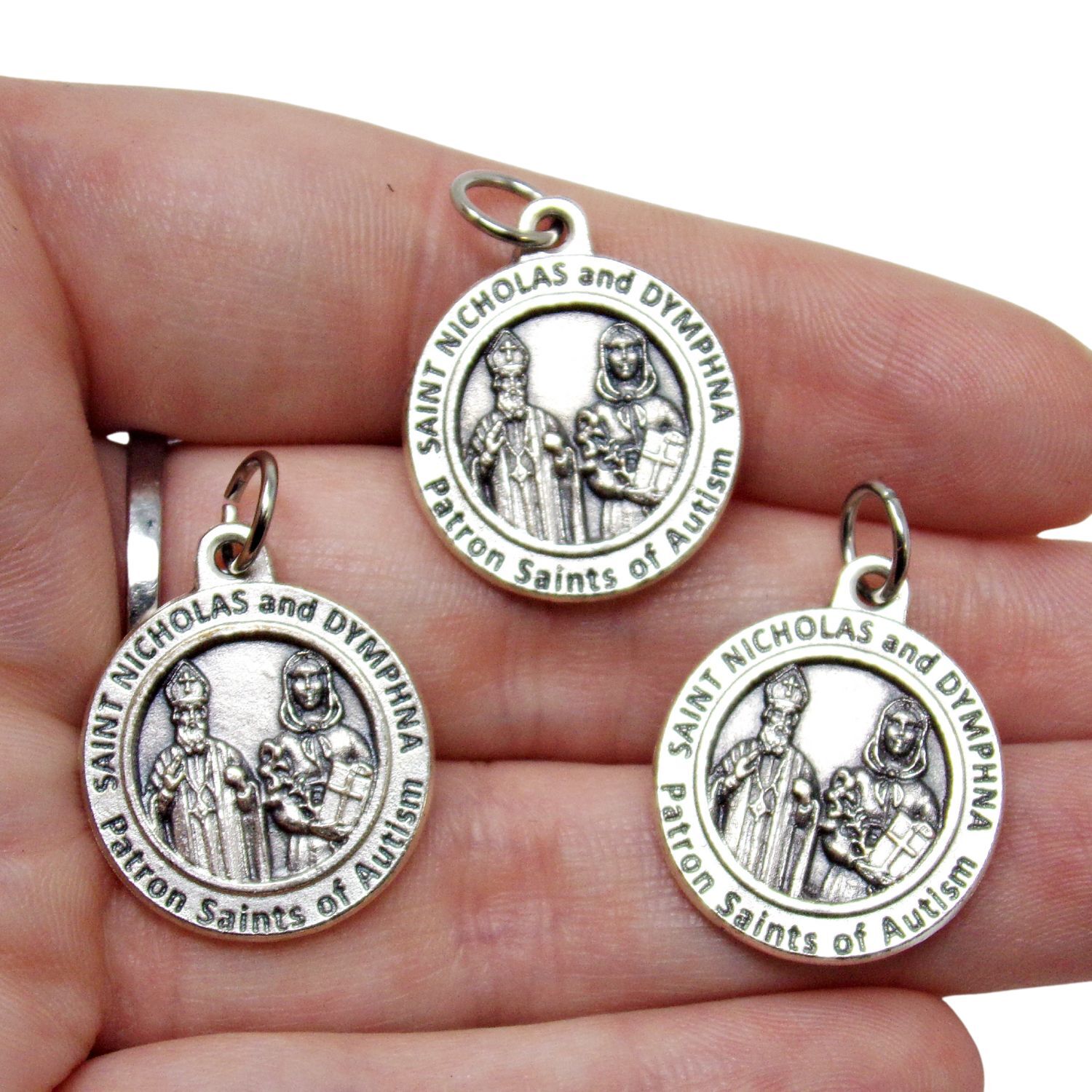 St Saint Dymphna and Nicholas of Autism Silver Tone Medals Rosary Parts 1 In