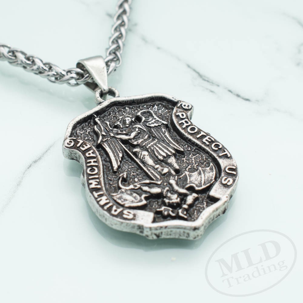 Archangel Saint St Michael Protect Us Medal Shield Pendant Necklace w 20″ Chain