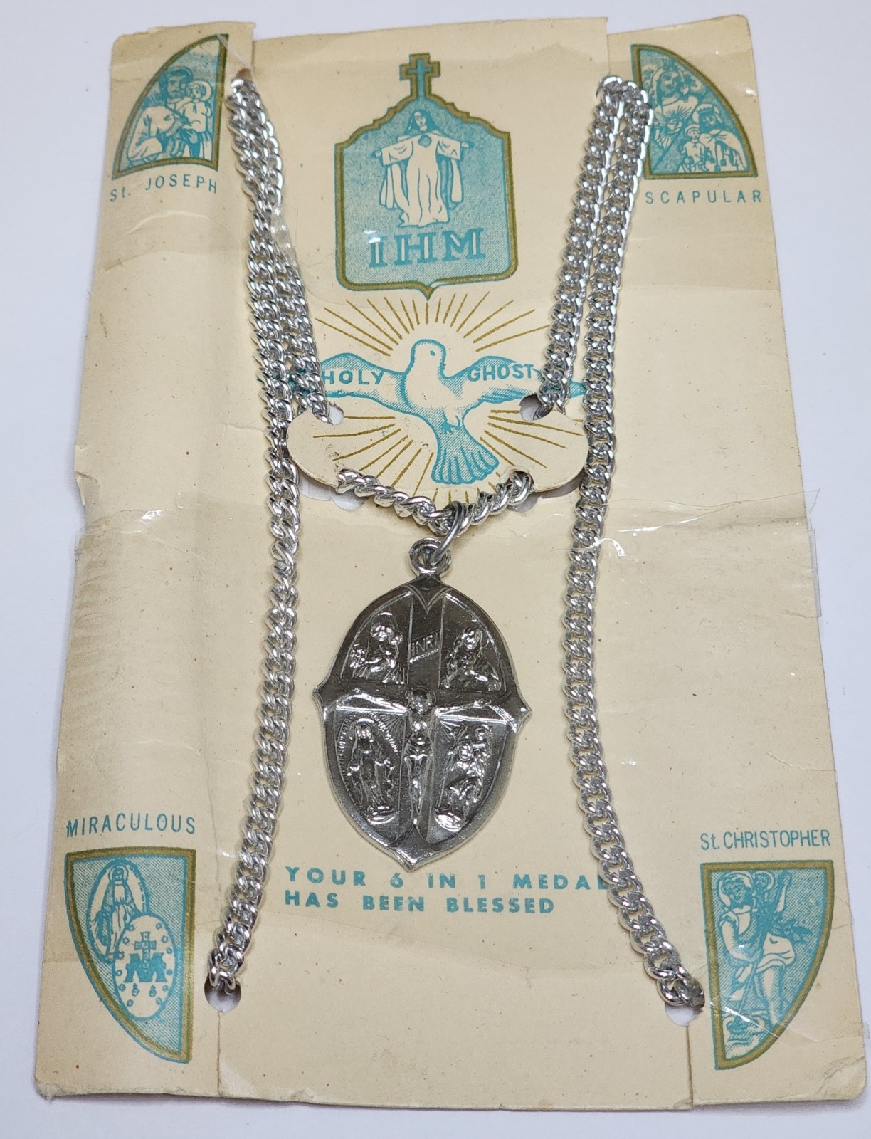 Vintage Six in One Pendant Multi-Way Catholic Medal Necklace Silver Tone