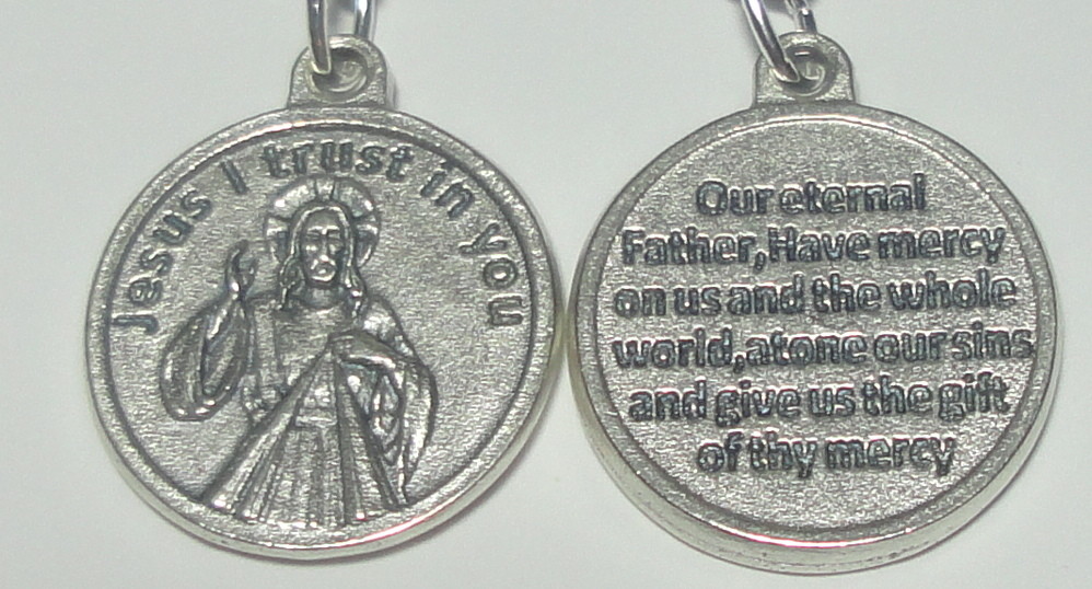 Round Divine Mercy Medal w Eternal Father Prayer on 24″ Stainless Steel Chain