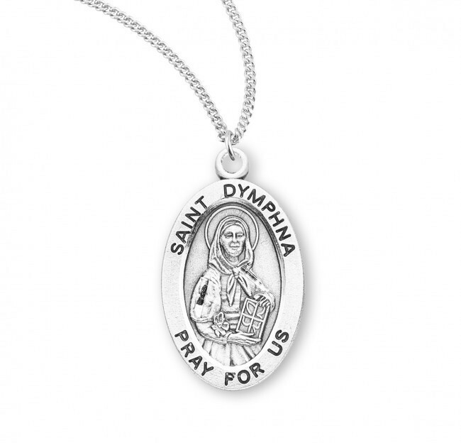 St. Dymphna Sterling Silver Oval 1.1″ Medal, Gift Box, 24″ Chain, US Made